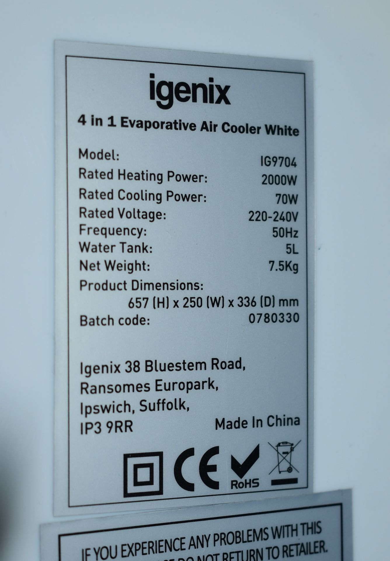 1 x Igenix IG9704 Portable 4-in-1 Evaporative Air Cooler with Fan Heater, Humidifier and Air - Image 7 of 7