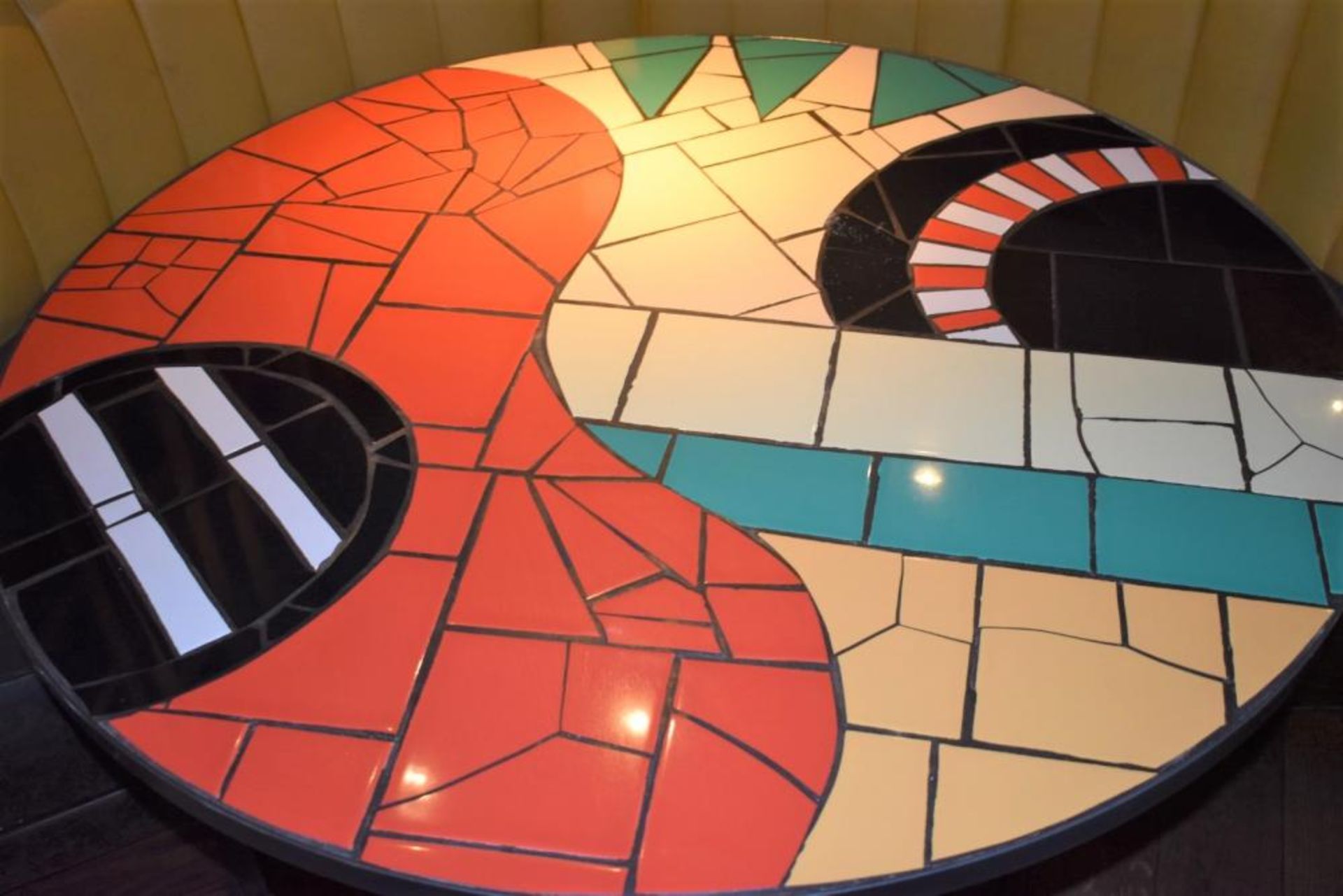 1 x Bespoke Mosaic Dining Table - Mexican Guitar and Sun - Round Table With Mosiac Tiled Top and Cas