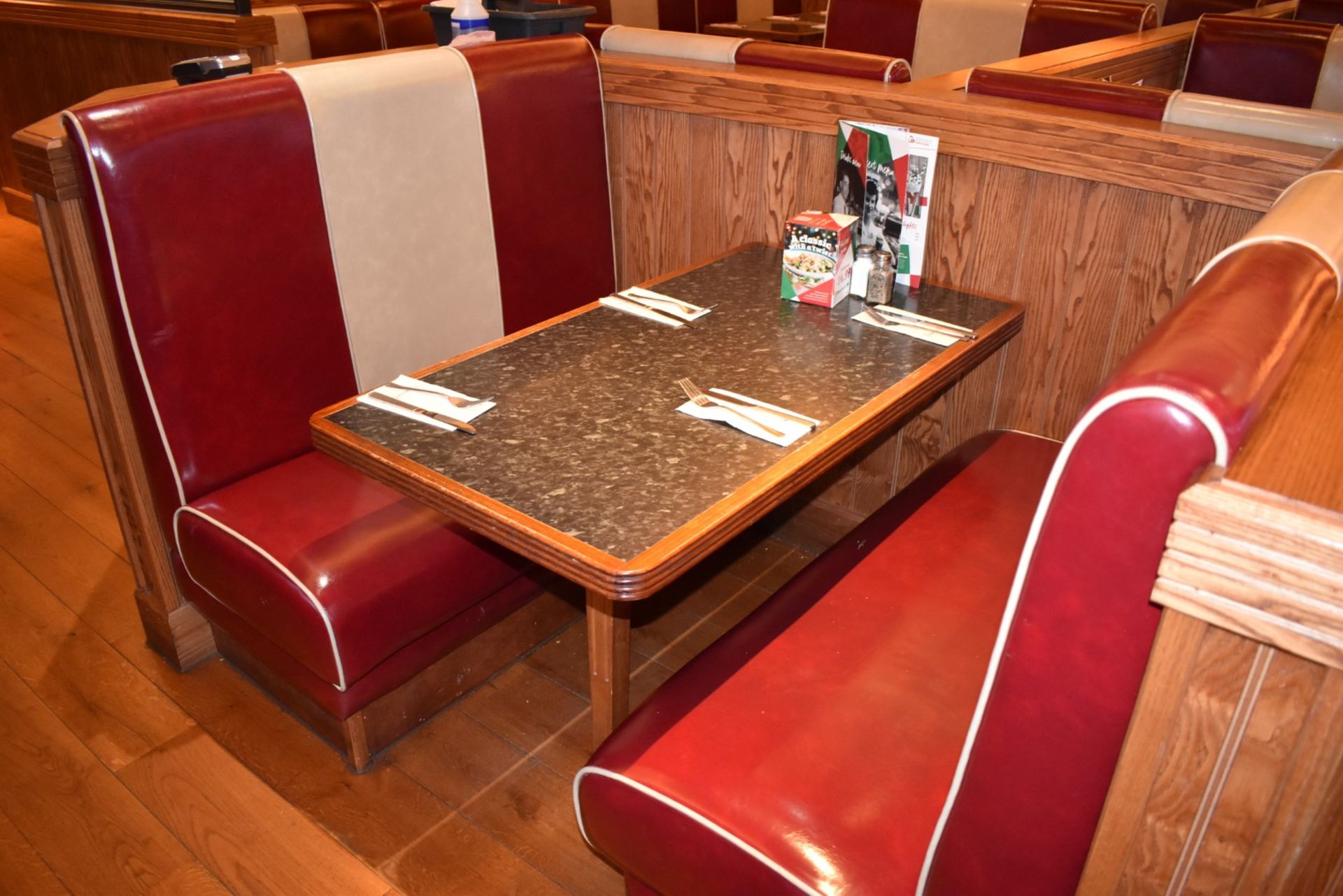 2 x Double Seating Booths and 1 x Table - Upholstered in a Red and Cream Retro Style Faux Leather - Image 4 of 5