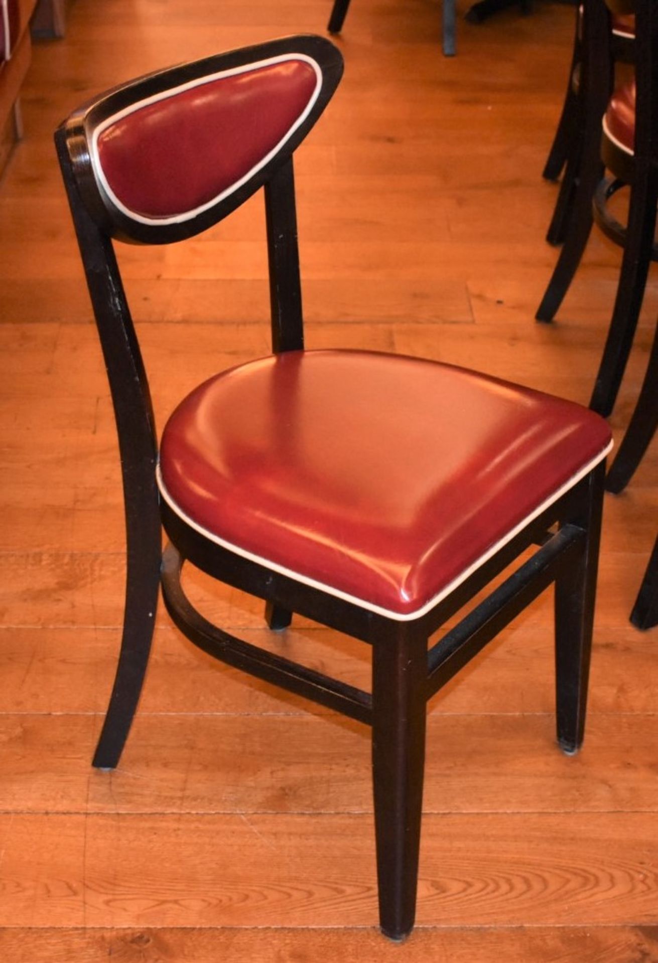 8 x American Diner Restaurant Chairs - Features Red Faux Leather Upholstery and White Piping -