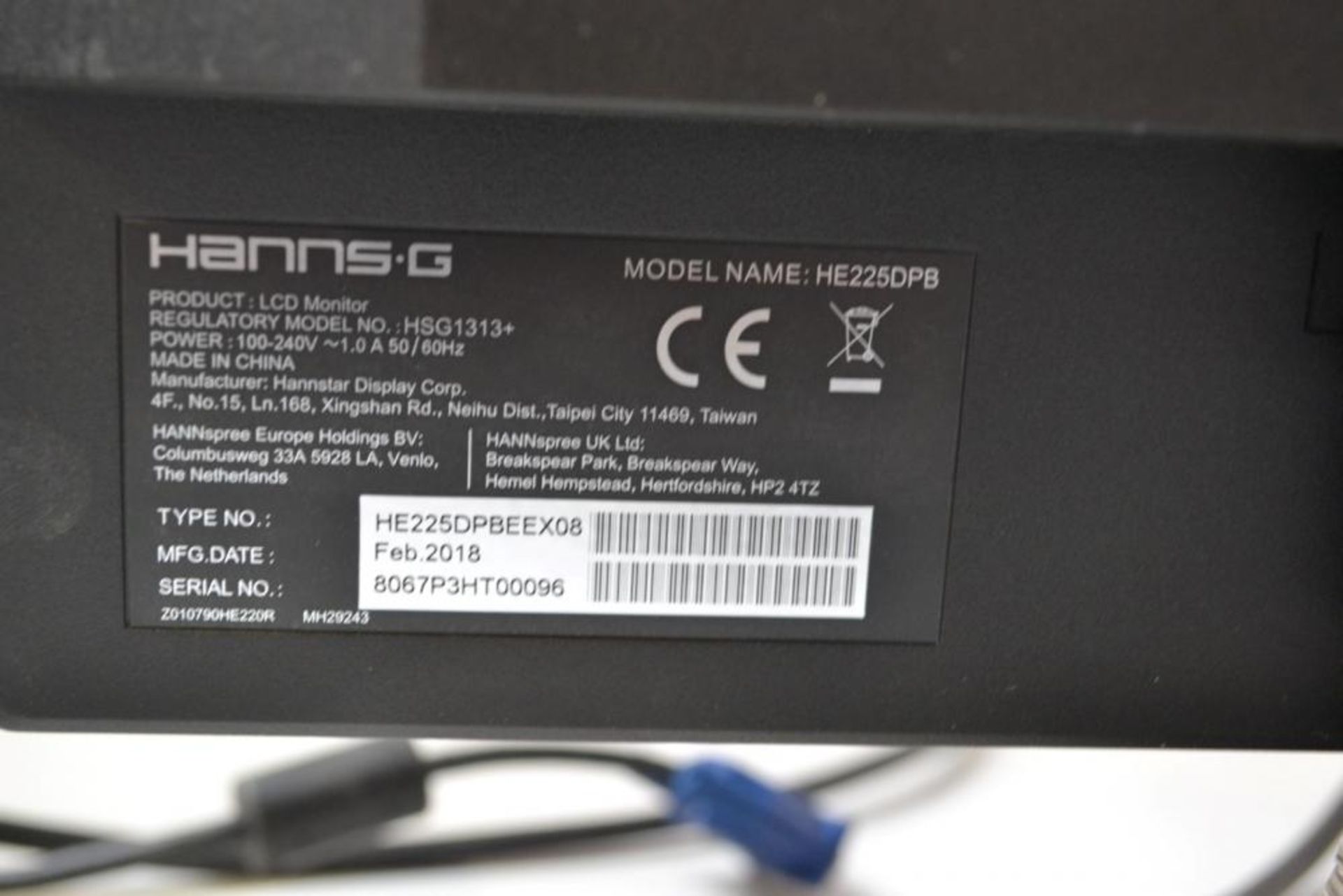 2 x HannsG HE225DPB 21.5" Full HD DVI LED PC Monitors - Ref J2225 - CL371 - Location: Altrincham - Image 3 of 4