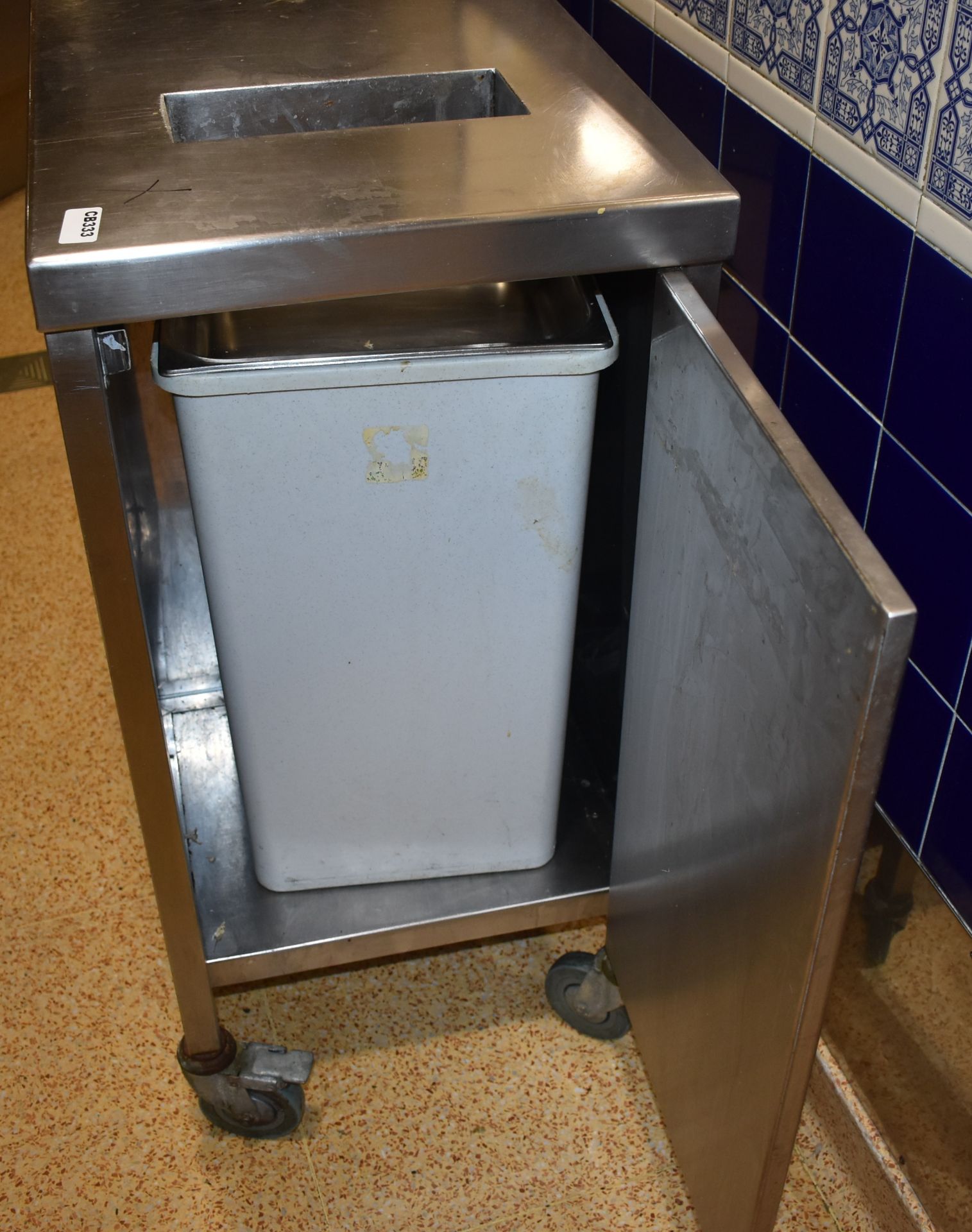 1 x Stainless Steel Prep Bench With Wast Bin Chute, Waste Bin, Waste Bin Storage Cupboard and Castor - Image 2 of 3