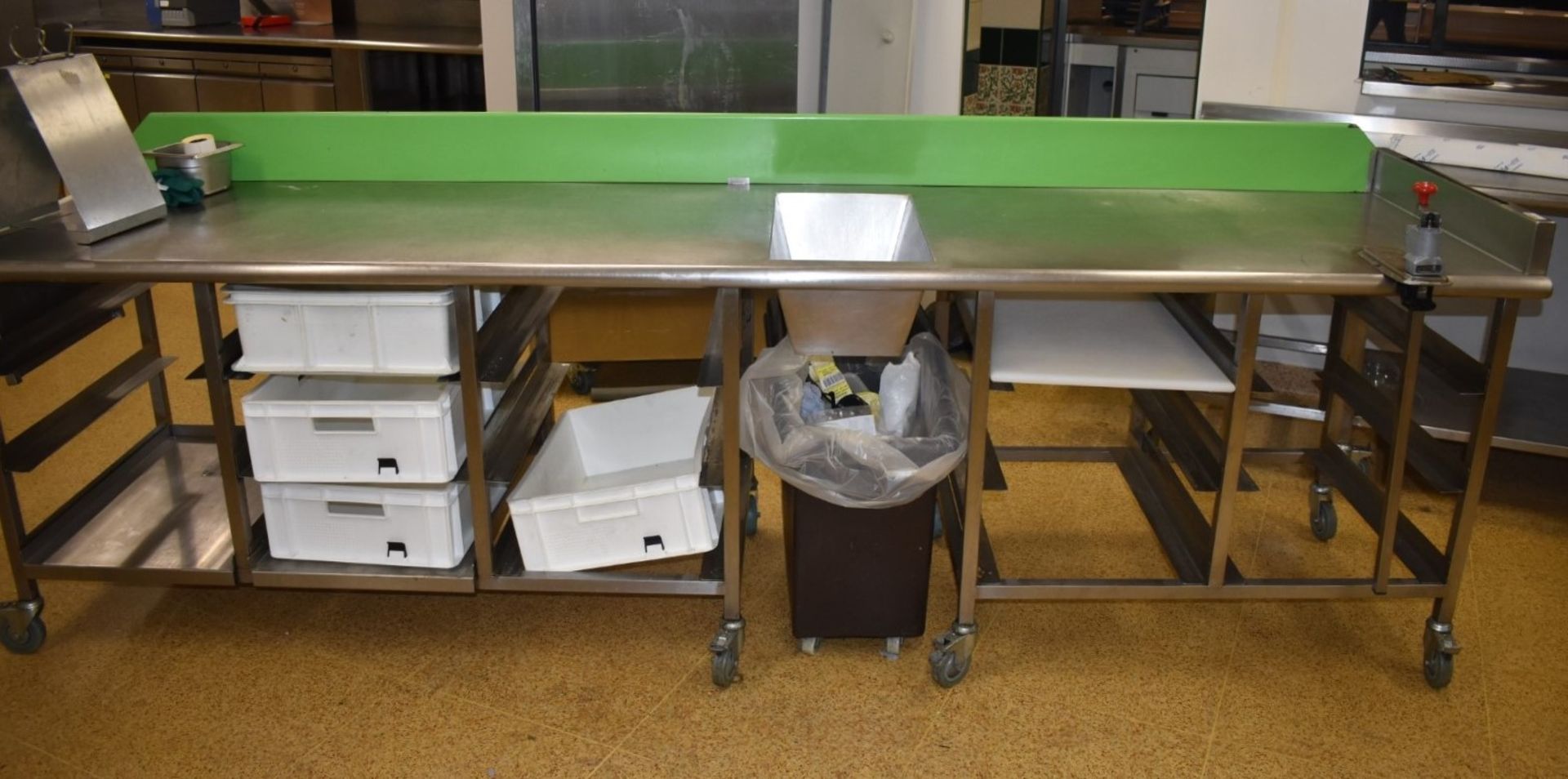 1 x Large Stainless Steel Prep Bench With Bin Chute, Tray Stands, Upstand, Knife Block and - Bild 9 aus 9