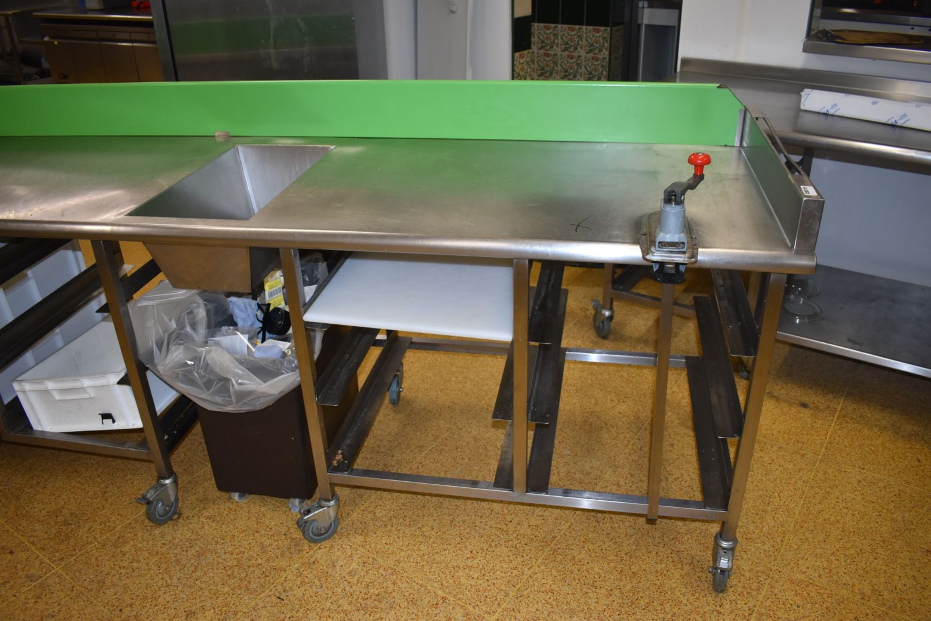 1 x Large Stainless Steel Prep Bench With Bin Chute, Tray Stands, Upstand, Knife Block and - Bild 2 aus 9