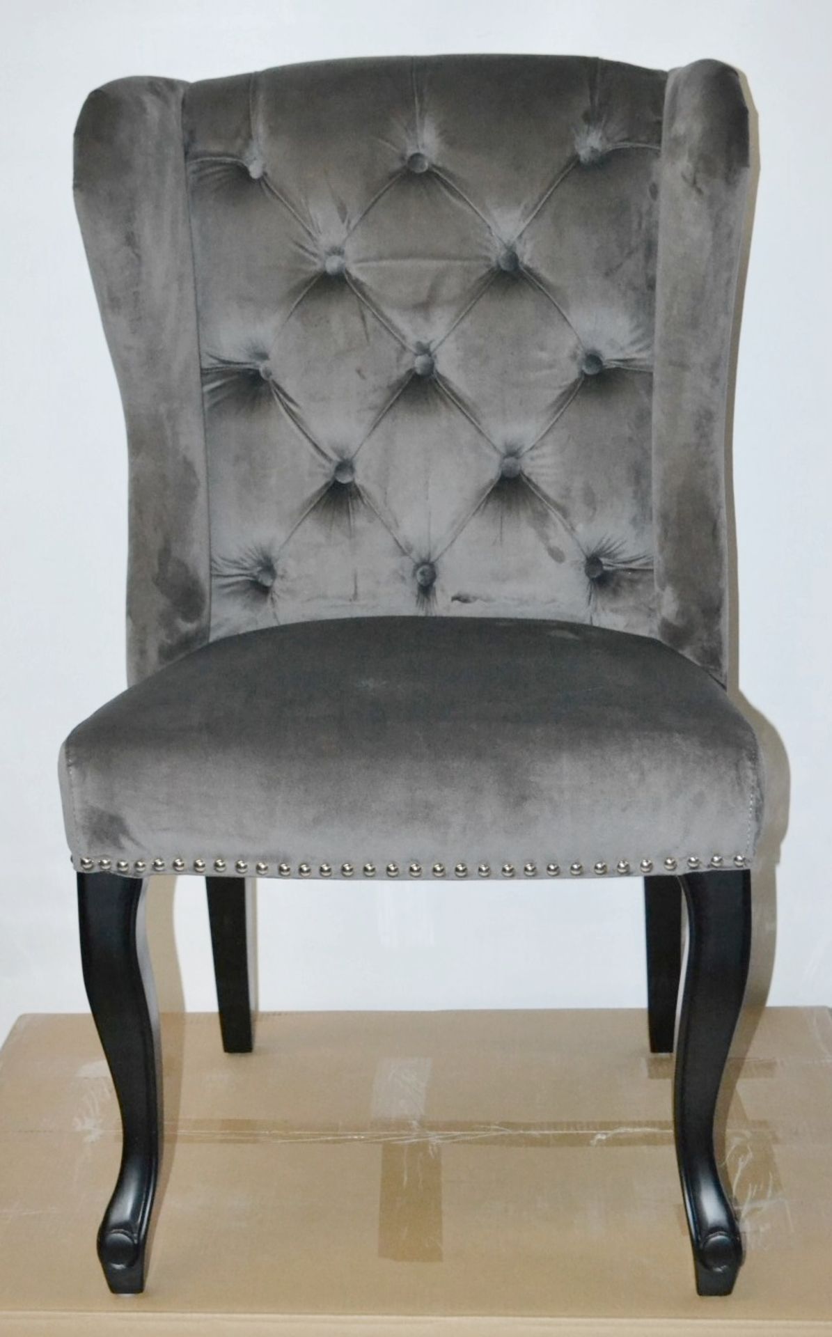 4 x HOUSE OF SPARKLES Luxury Wing Back Dining Chairs Richly Upholstered In Dark Grey Velvet -