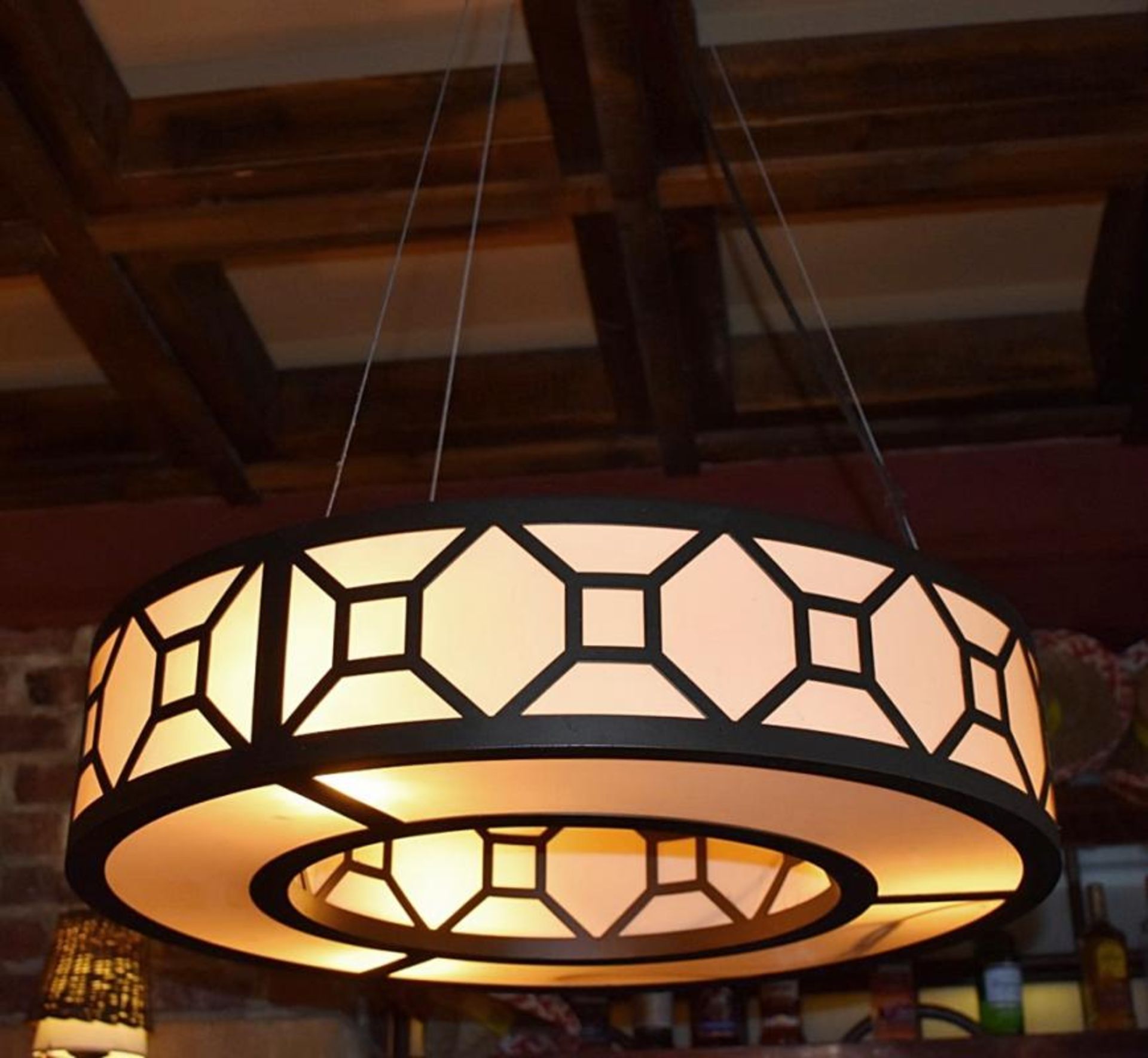 1 x Large Round Suspended Commercial Ceiling Light Fitting Featuring A Leaded Glass Style Shade - Di - Image 2 of 3