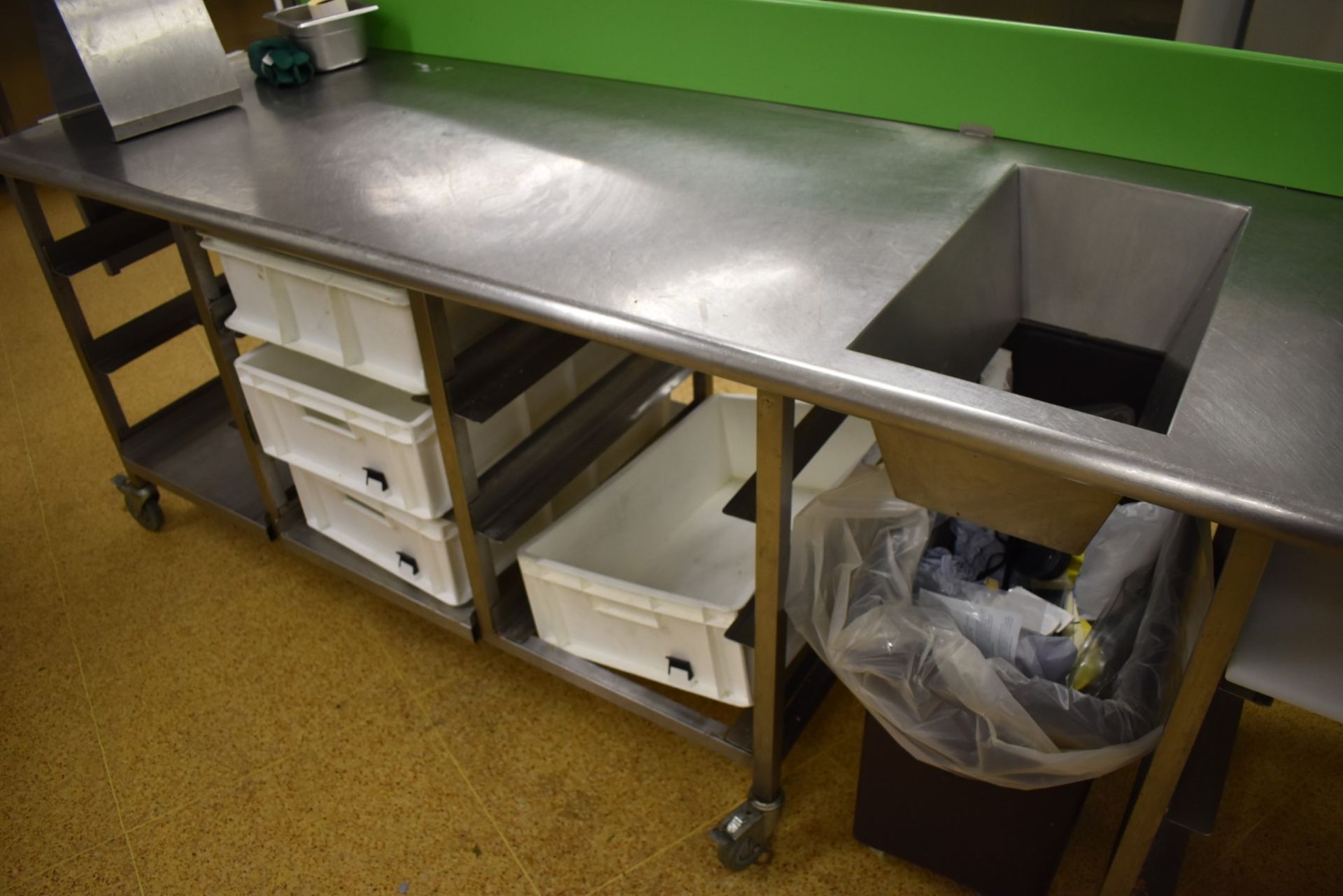 1 x Large Stainless Steel Prep Bench With Bin Chute, Tray Stands, Upstand, Knife Block and - Bild 6 aus 9