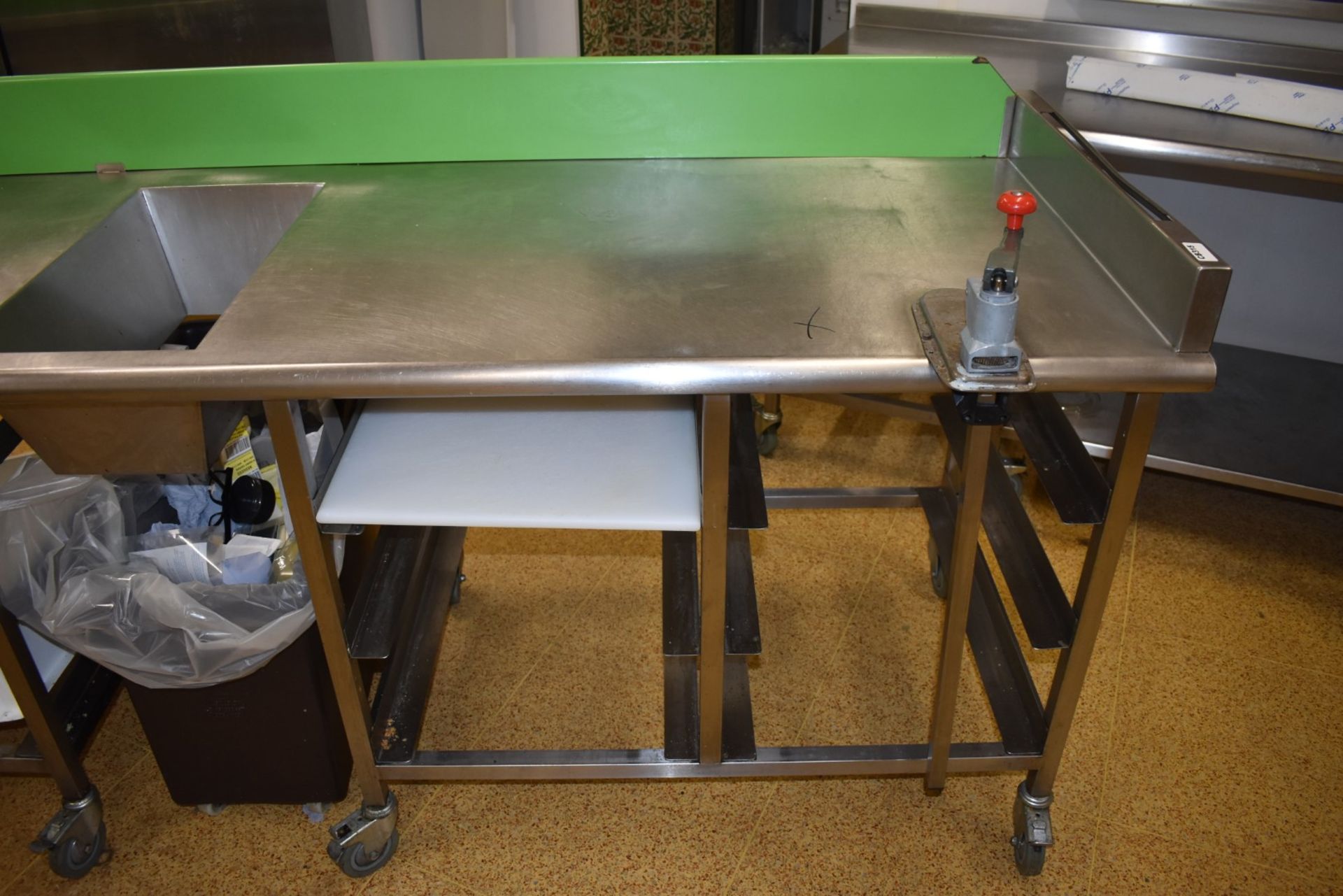 1 x Large Stainless Steel Prep Bench With Bin Chute, Tray Stands, Upstand, Knife Block and - Bild 3 aus 9