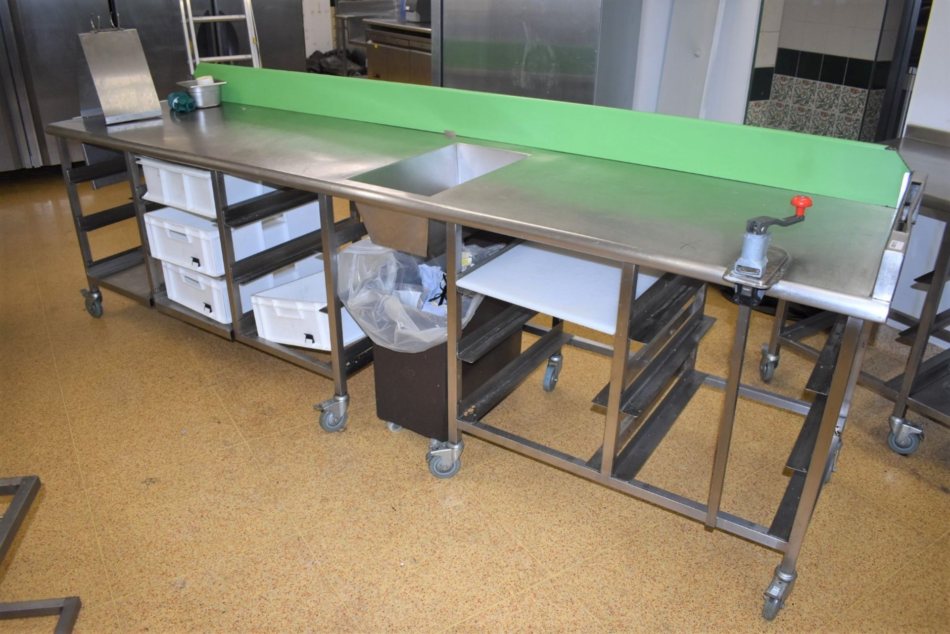 1 x Large Stainless Steel Prep Bench With Bin Chute, Tray Stands, Upstand, Knife Block and