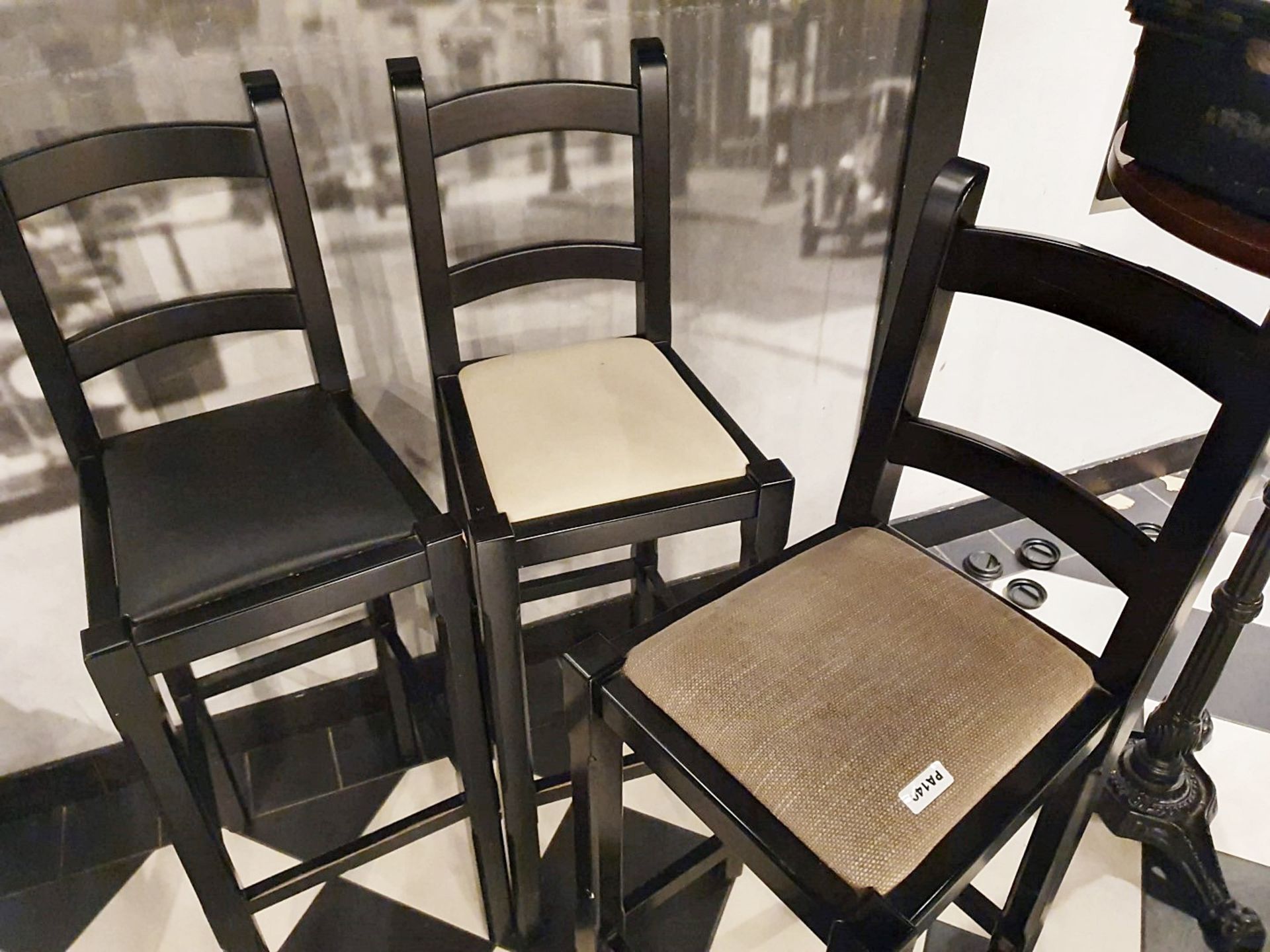 3 x Bar Stools in Black With Various Coloured Seat Pads - H87/117 x W37 x D40 cms - Ref PA140 - - Image 3 of 3