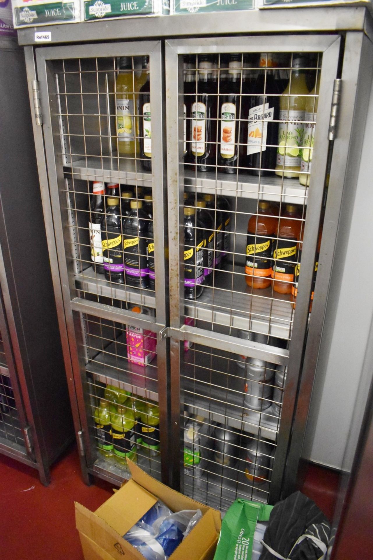 1 x Stainless Steel Security Drinks Cabinet With Caged Doors and Four Shelves - H160 x W80 x D40 cms