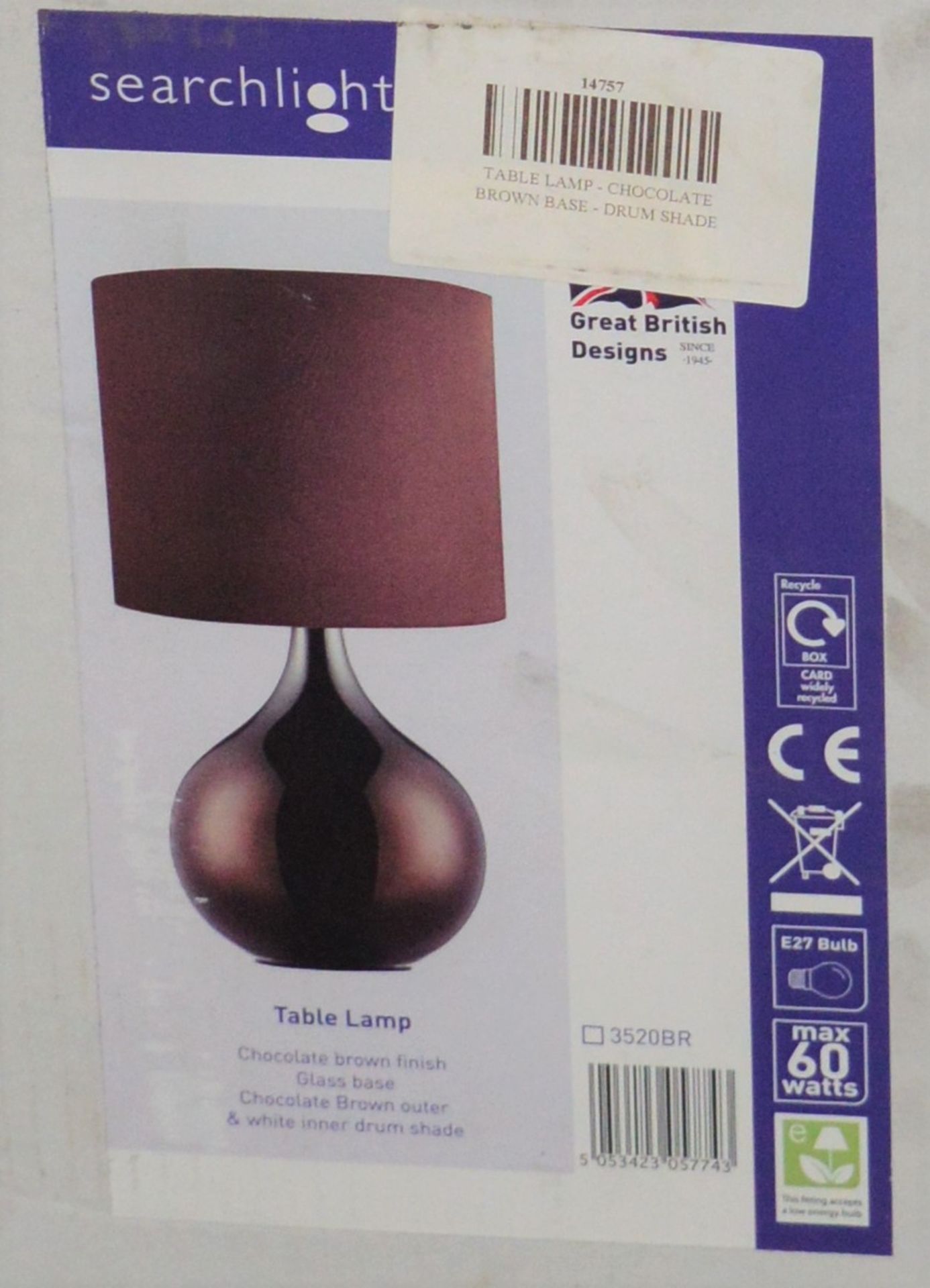 2 x Searchlight Table Lamps With Chocolate Brown Finish and Glass Bases and Drum Shades - Product