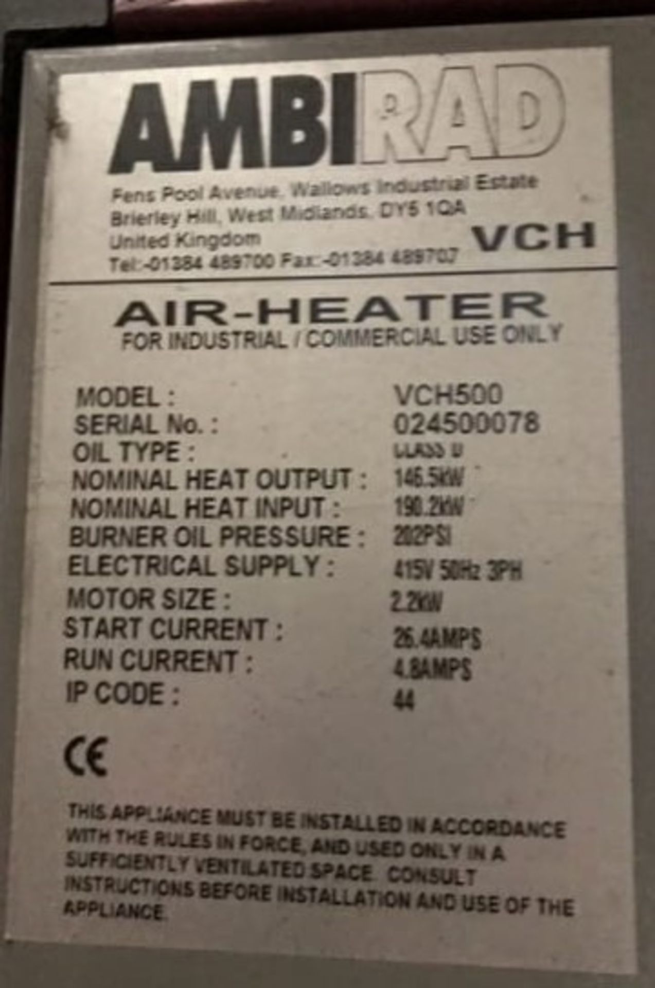 1 x AmbiRad Air Heater For Industrial or Commercial Use - Model VCH500 - CL483 - Location: L24 - Image 3 of 5