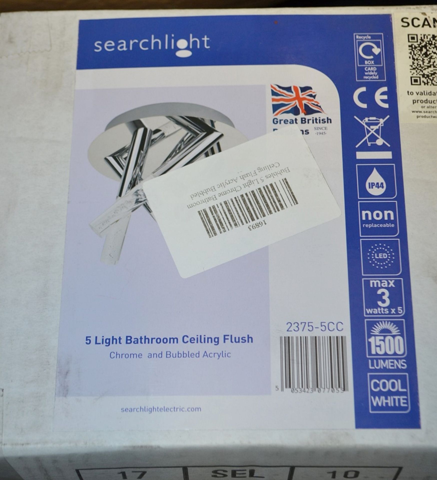 2 x Searchlight 5-Light Bathroom Ceiling Flush with Bubbled Acrylic and Chrome Rods - 2375-5CC - New