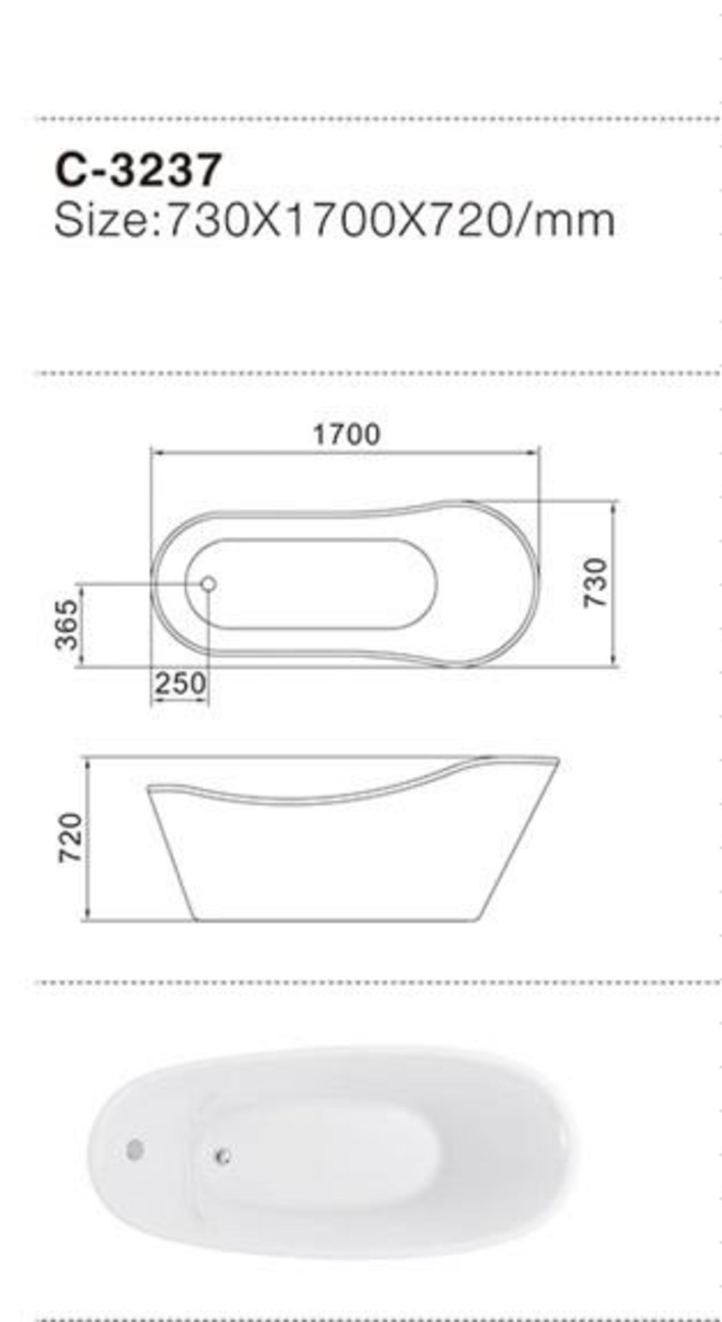 1 x Curved Freestanding Acrylic Rectangular Soaking Bath Tub - Dimensions: 73x170x72cm - Brand New & - Image 2 of 2