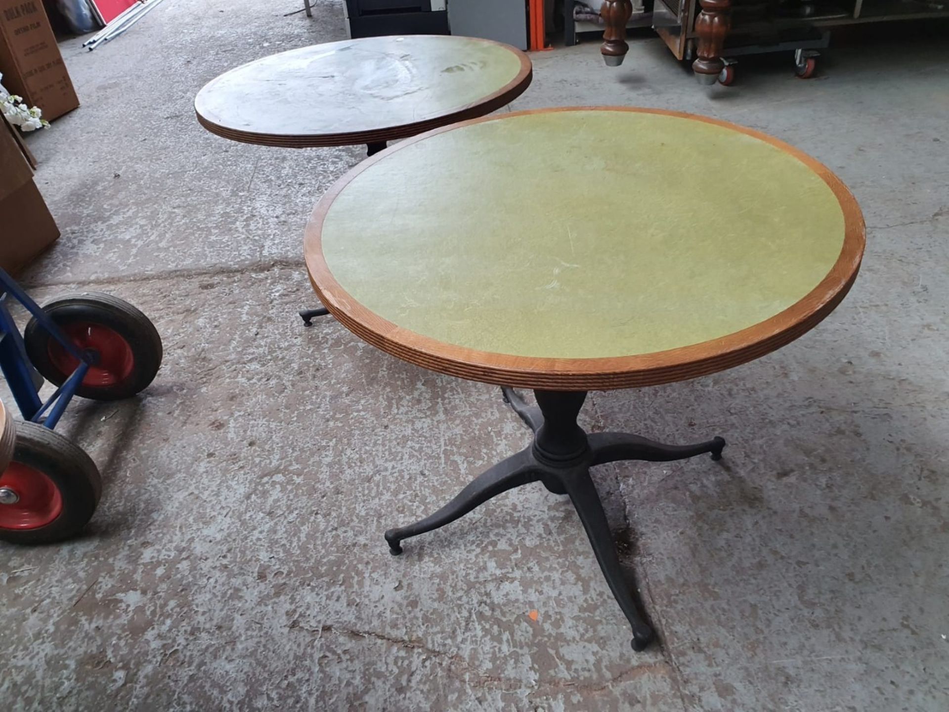 2 x Large Round Bistro Restaurant Tables With Green Faux Leather Inserts And Three-Legged Bases - Image 2 of 4