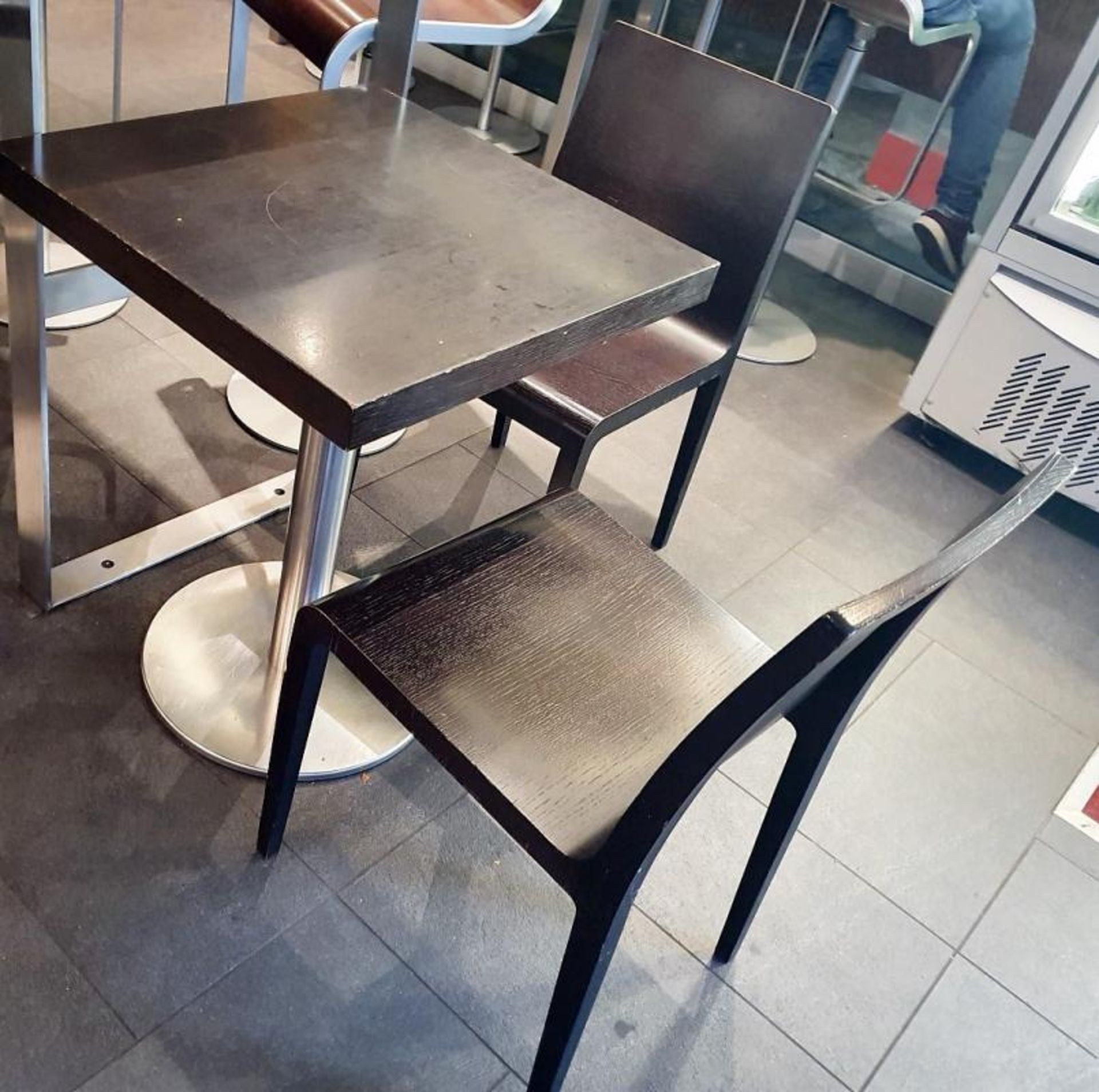 4 x Square Wood-Topped Bistro Tables With Metal Bases + 4 x Matching Wooden Chairs