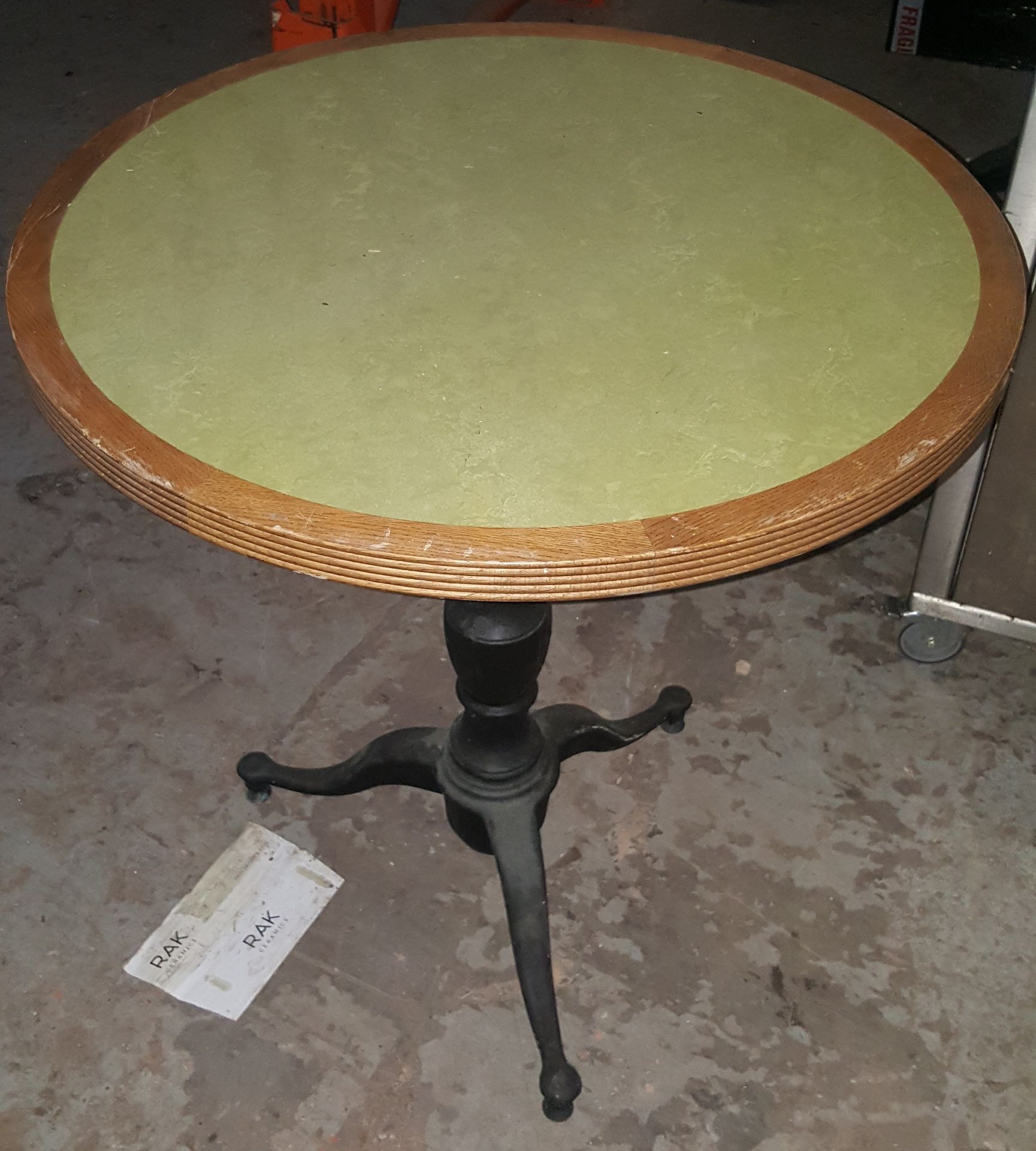 3 x Assorted Bistro Restaurant Tables With Green Faux Leather Inserts And Three-Legged Base - Image 9 of 9