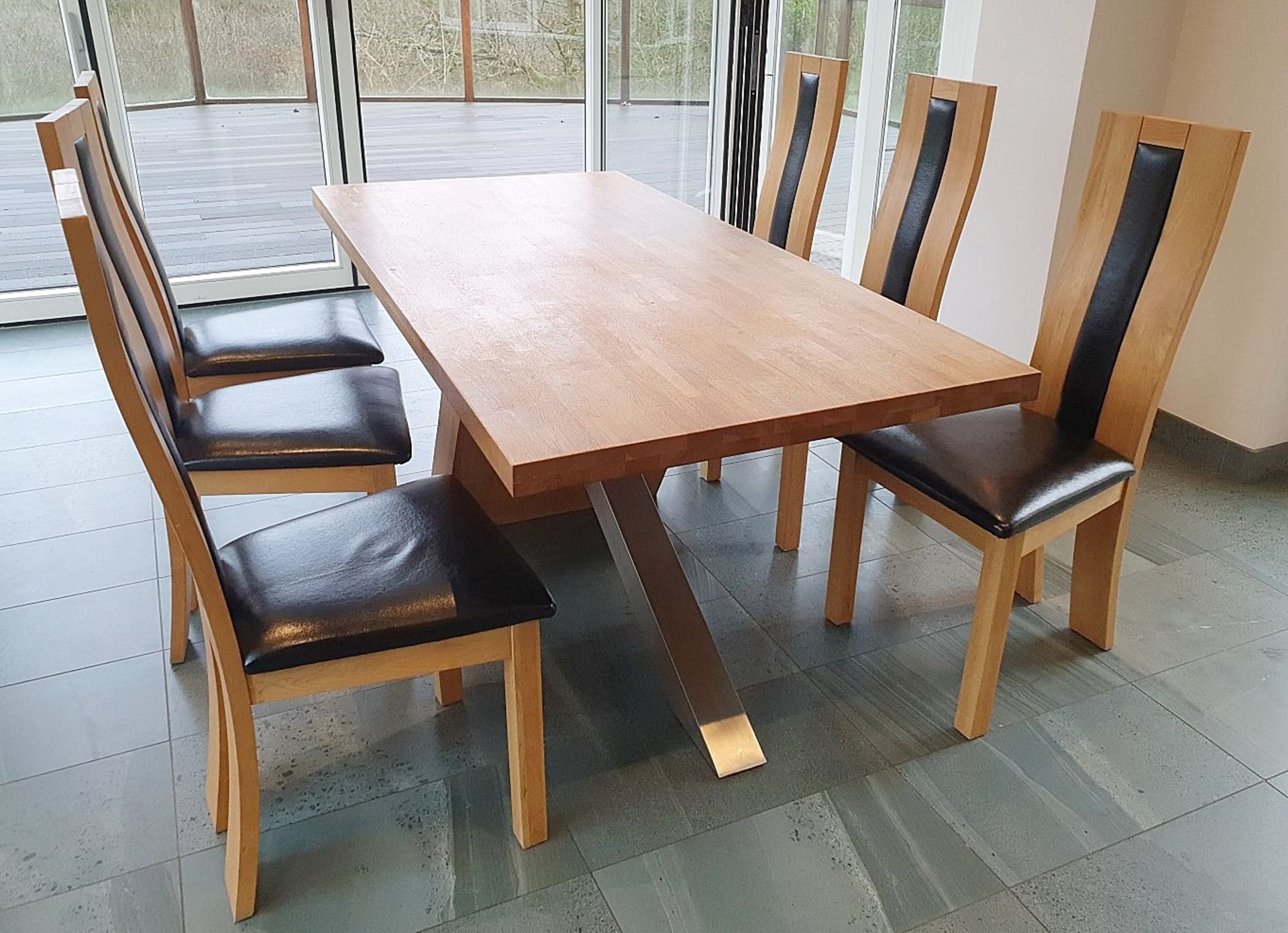 1 x Solid Oak 1.8 Metre Dining Table With 6 x High Back Dining Chairs - Pre-owned In Great Condition