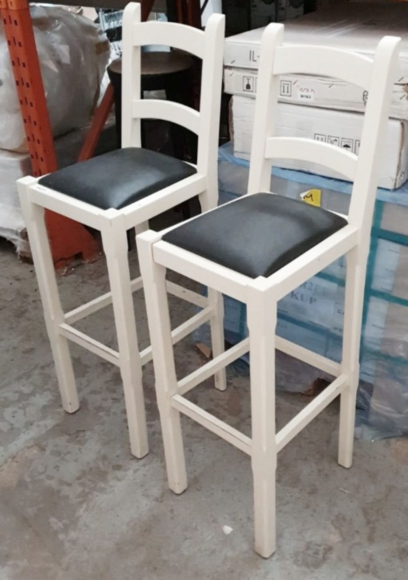 2 x Bar Stools in White With Black Seat Pads - Dimensions: H87/117 x W37 x D40 cms - Ref PA203 -