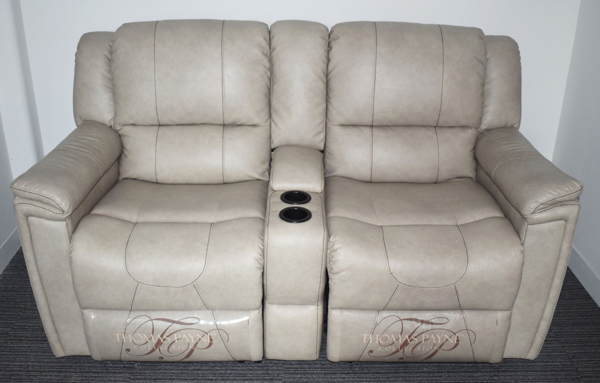 1 x Thomas Payne Reclining Wallhugger Theater Seating Love Seat Couch With Center Console and - Image 3 of 12