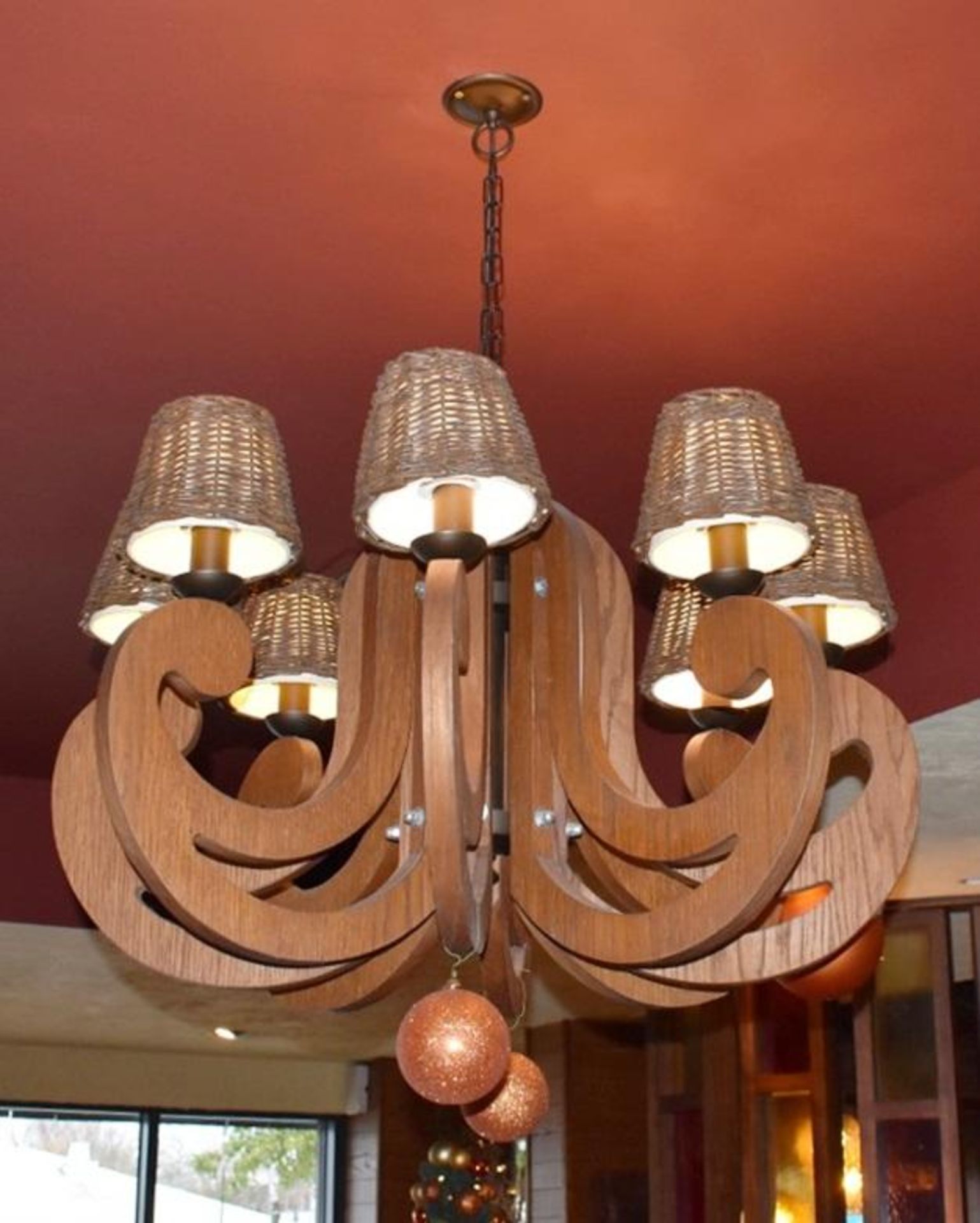 2 x Large Artisan Wooden Candelabra 8 Light Chandeliers With Rustic Basket Shades - Pair of - Dimens