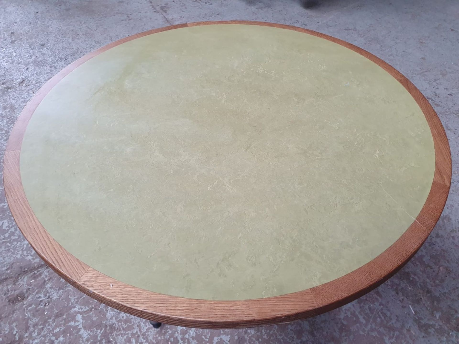 2 x Large Round Bistro Restaurant Tables With Green Faux Leather Inserts And Three-Legged Bases - Image 3 of 4