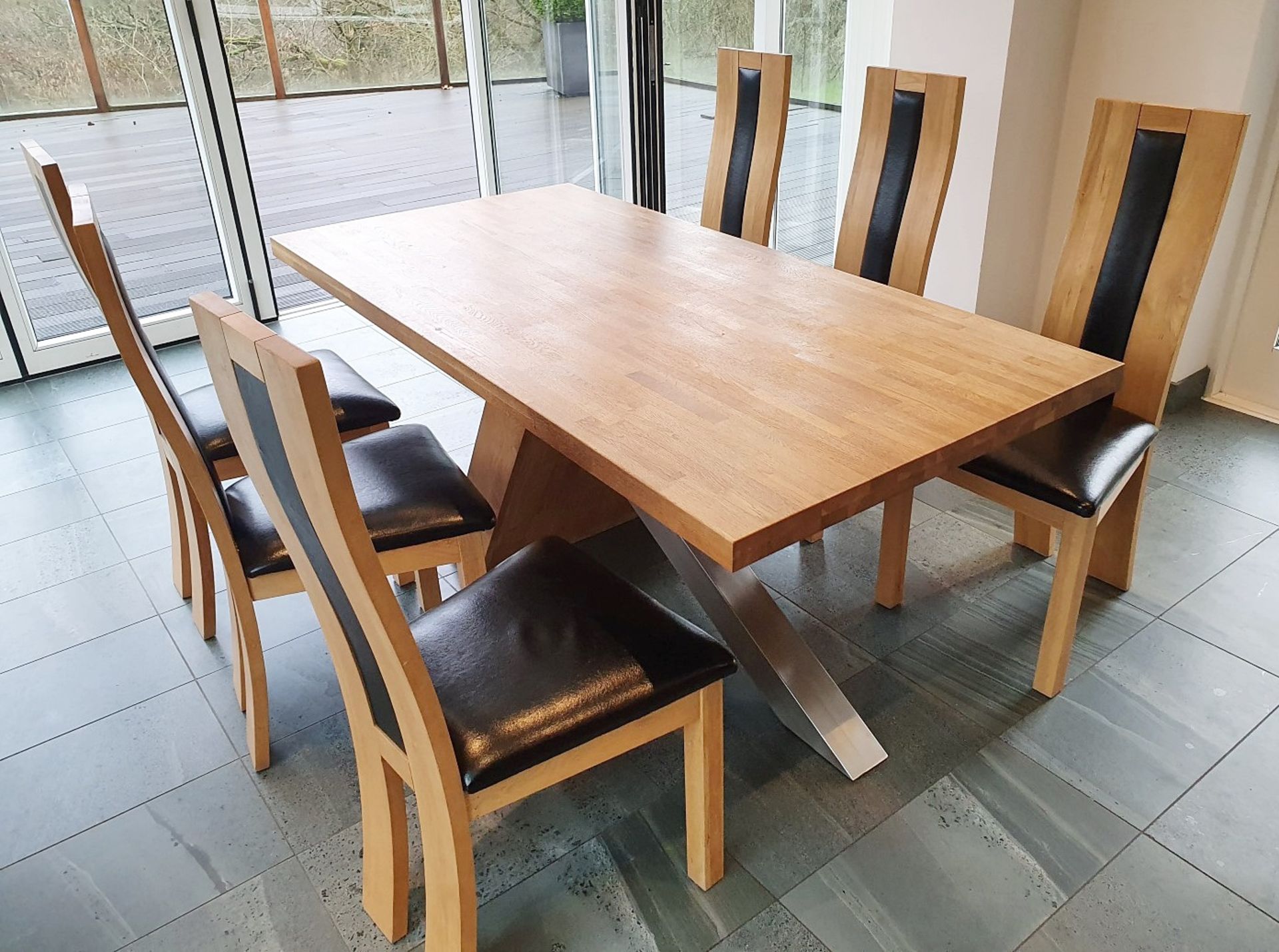 1 x Solid Oak 1.8 Metre Dining Table With 6 x High Back Dining Chairs - Pre-owned In Great Condition - Image 5 of 12