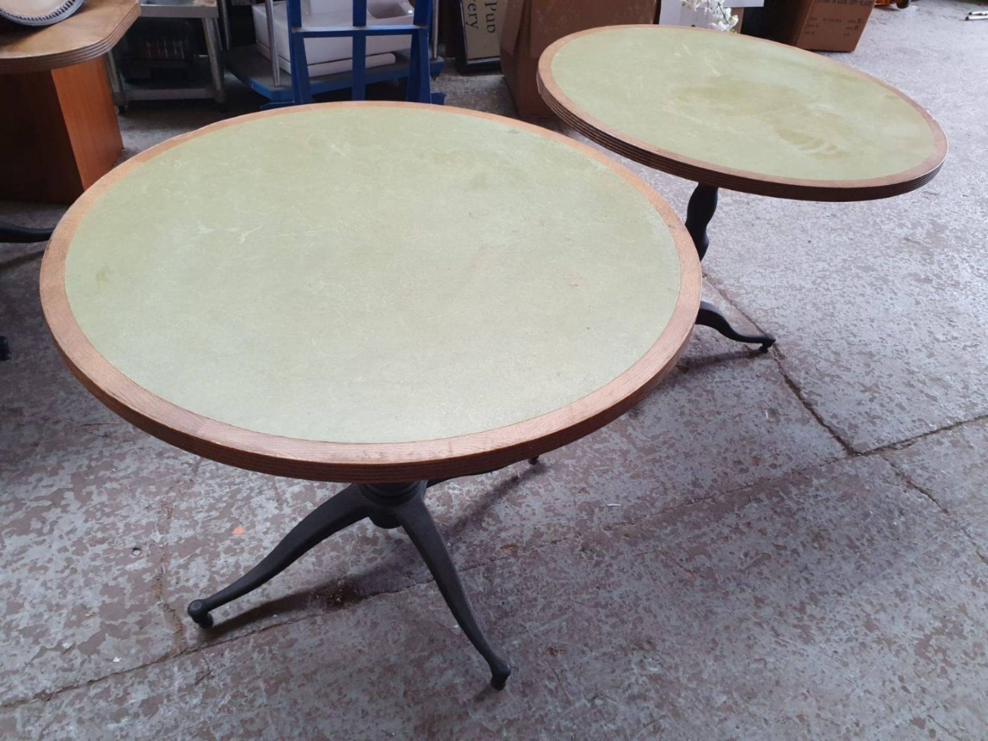 2 x Large Round Bistro Restaurant Tables With Green Faux Leather Inserts And Three-Legged Bases - Image 4 of 4