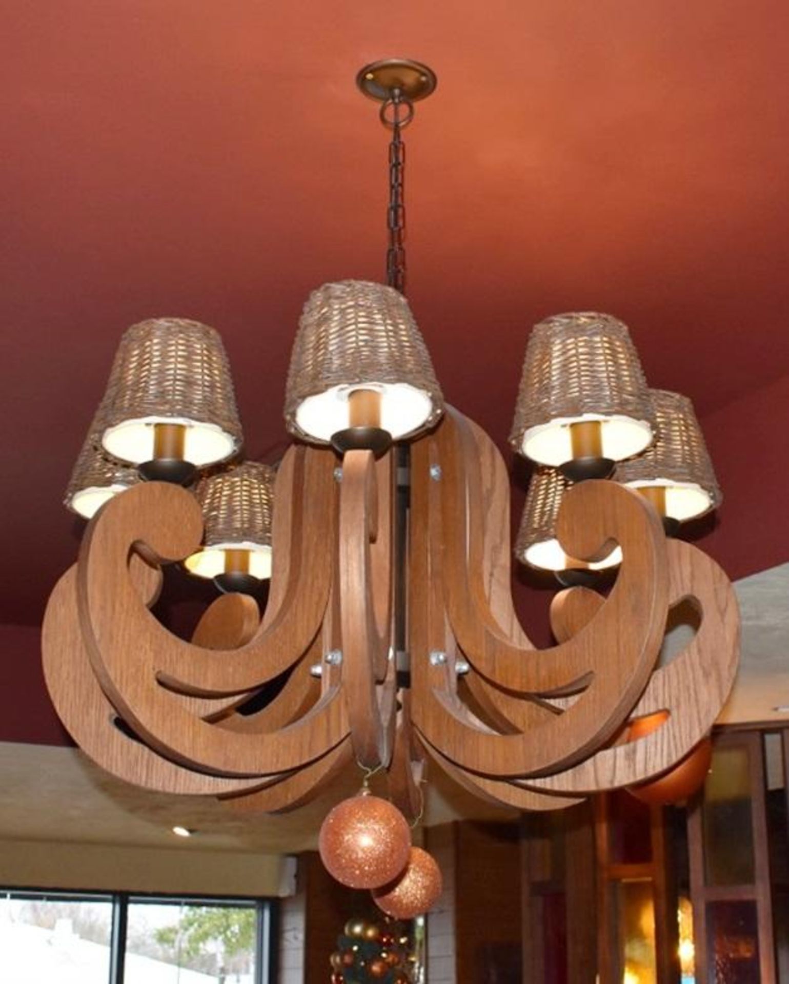 1 x Large Artisan Wooden Candelabra 8 Light Chandelier With Rustic Basket Shades - Dimensions: Diame