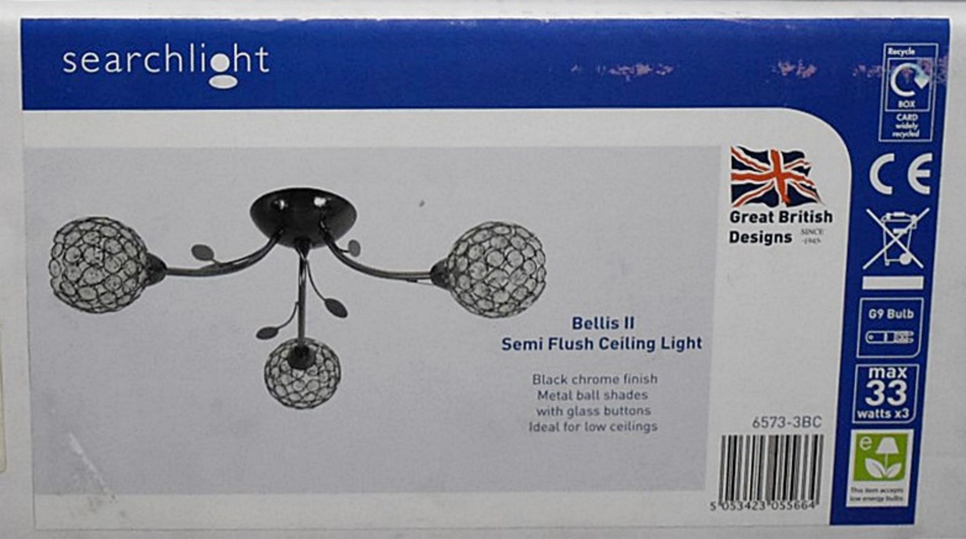 1 x Searchlight Bellis II Black Chrome Ceiling Semi Flush Light With Three Clear Glass Flower Heads - Image 2 of 2