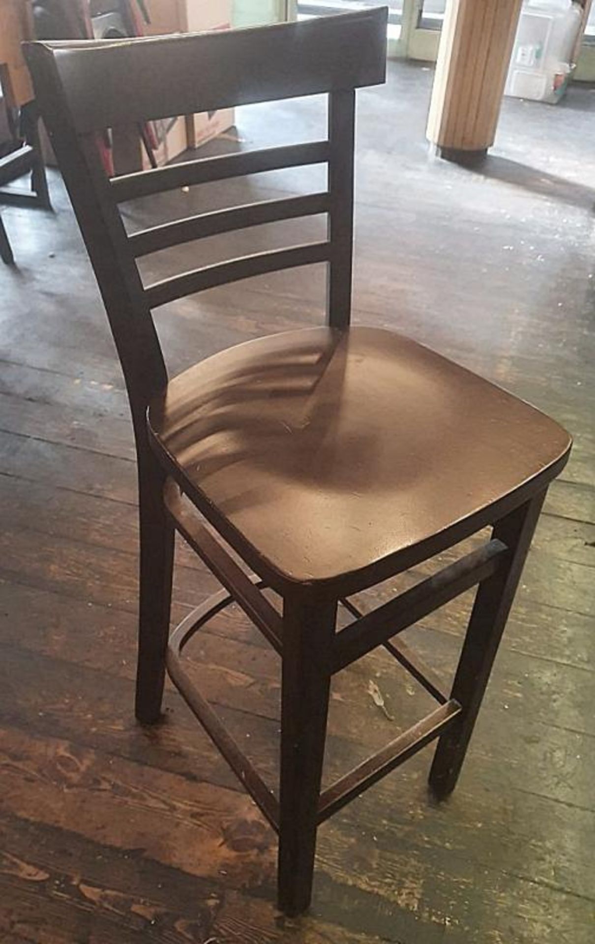 5 x Tall Wooden Bar Stools In A Dark Wood Stain - Recently Taken From A Contemporary Caribbean Resta