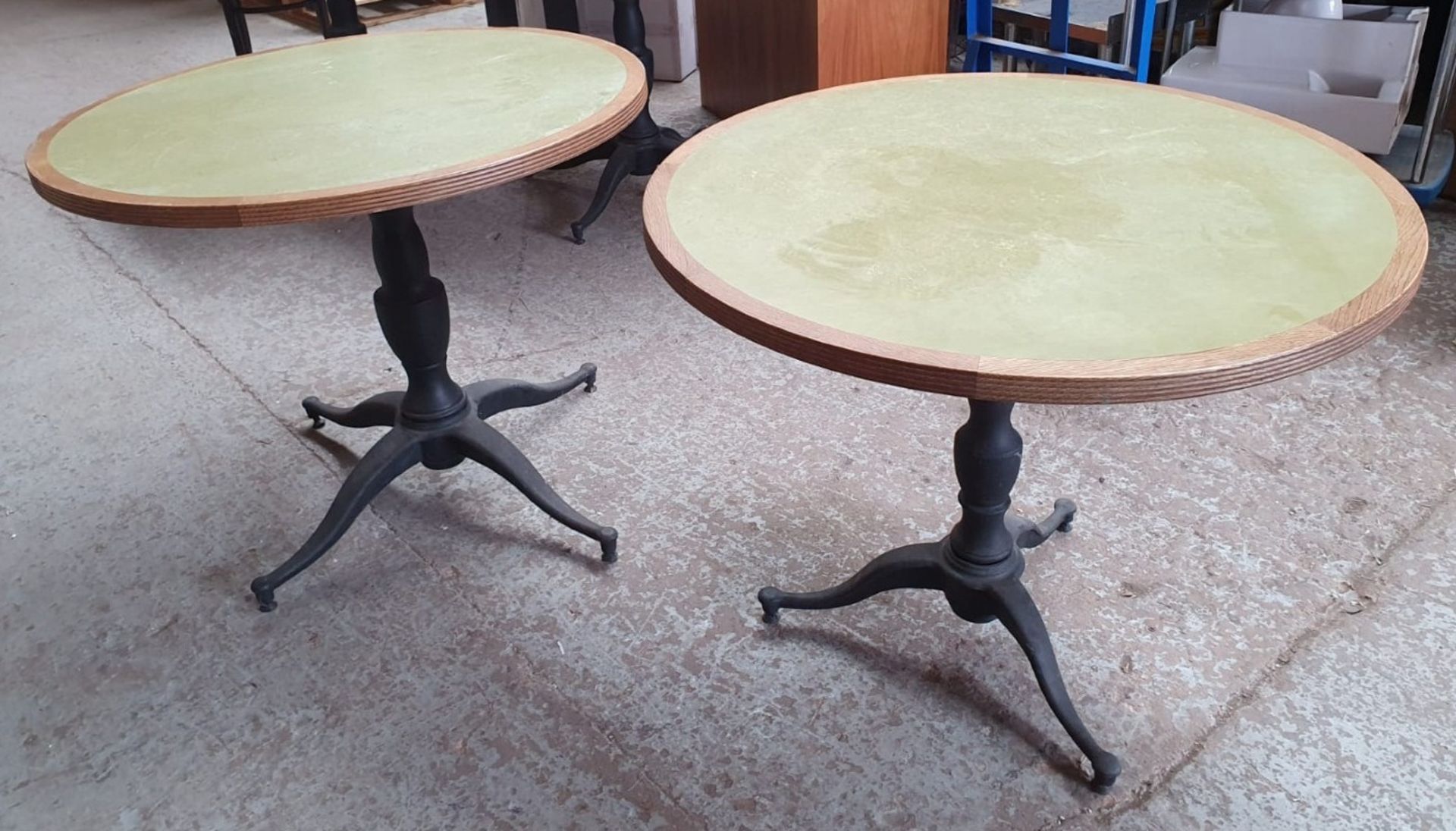 2 x Large Round Bistro Restaurant Tables With Green Faux Leather Inserts And Three-Legged Bases