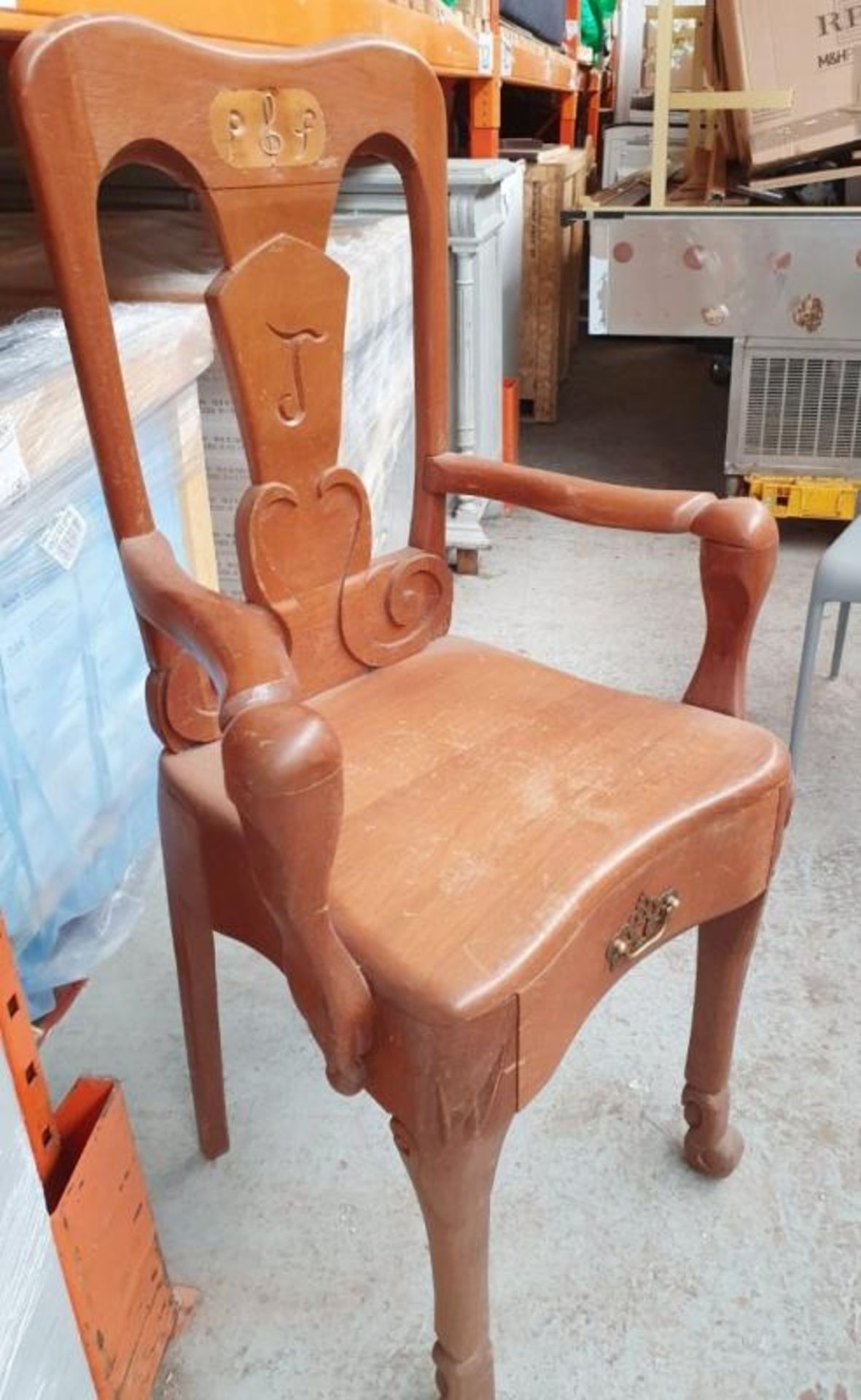 1 x Vintage Bespoke Carved Solid Wood Chair Featuring A Drawer In The Seat *Low Start, No Reserve*