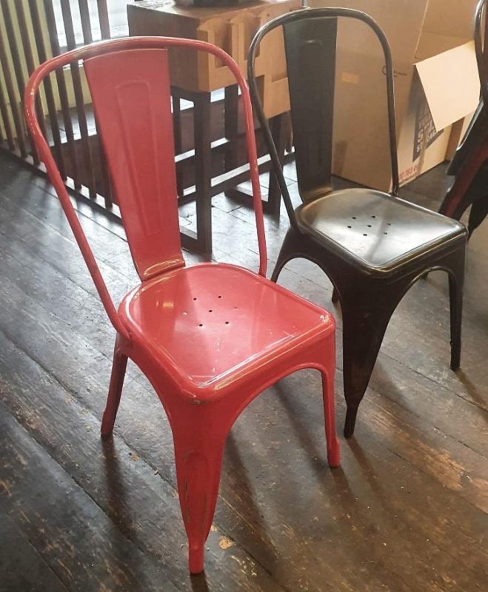 6 x Assorted Rustic Metal Bistro Chairs - Includes 2 x In Red, And 4 x In Black - Recently Taken Fro