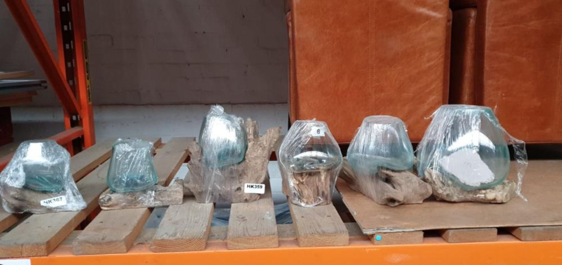 6 x Artisan Clear Blown Glass Vases On A Reclaimed Wood Bases - Brand New Stock *Low Start*