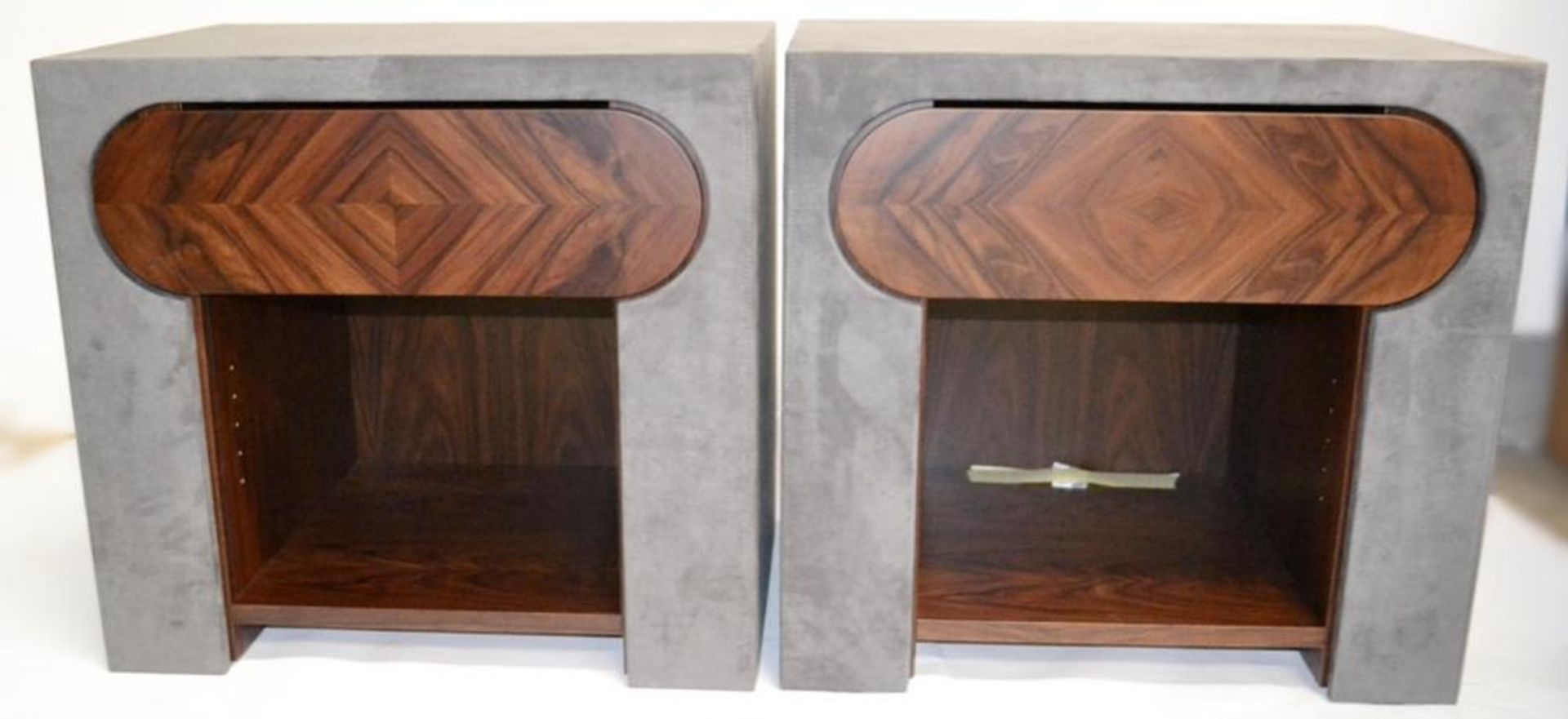 A Pair Of SMANIA 'Lock' Suede Upholstered Nightstand Bedside Cabinets - Dimensions: W71xH66xD50cm - Image 2 of 5