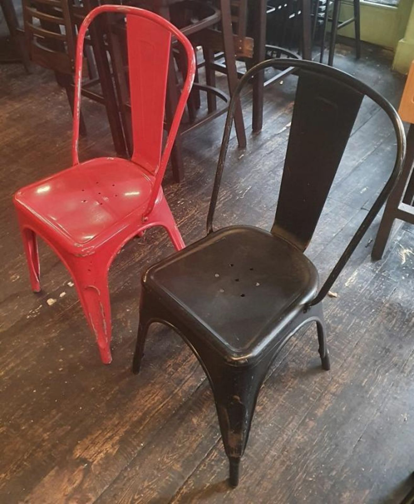 6 x Assorted Rustic Metal Bistro Chairs - Includes 2 x In Red, And 4 x In Black - Recently Taken Fro - Image 4 of 5