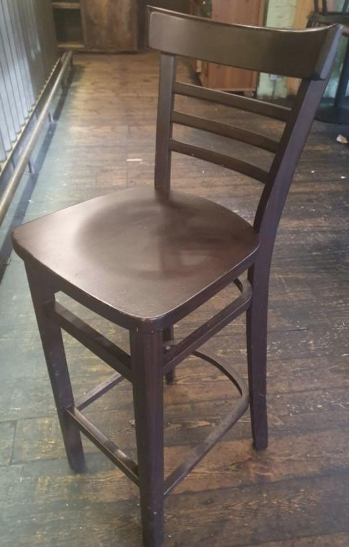 5 x Tall Wooden Bar Stools In A Dark Wood Stain - Recently Taken From A Contemporary Caribbean Resta - Image 4 of 5