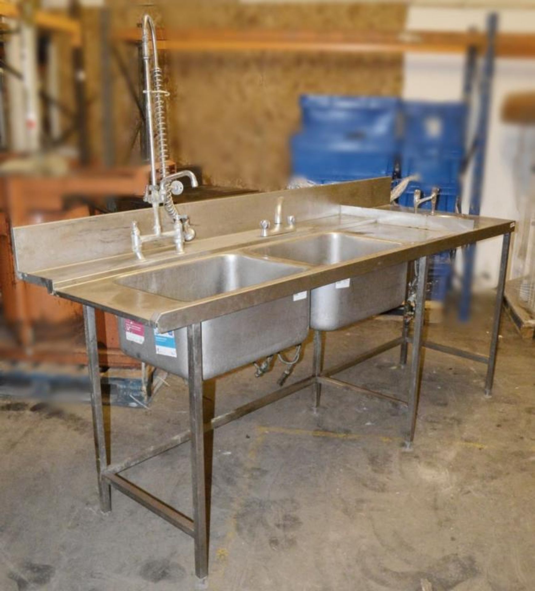 1 x Commercial Stainless Steel Double Bowl Wash Station Catering Sink With Spray Arm And Hand Basin