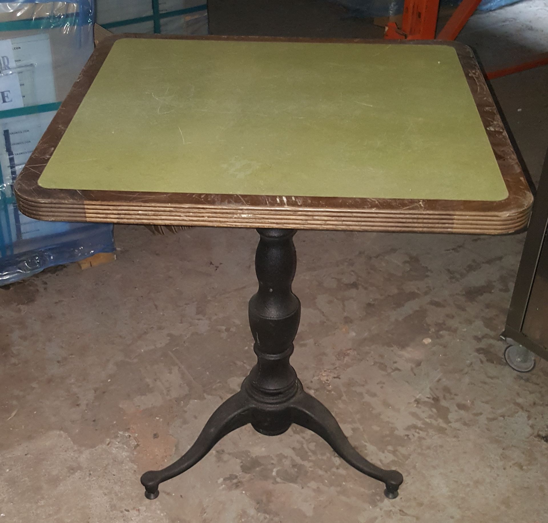 3 x Assorted Bistro Restaurant Tables With Green Faux Leather Inserts And Three-Legged Base - Image 2 of 9
