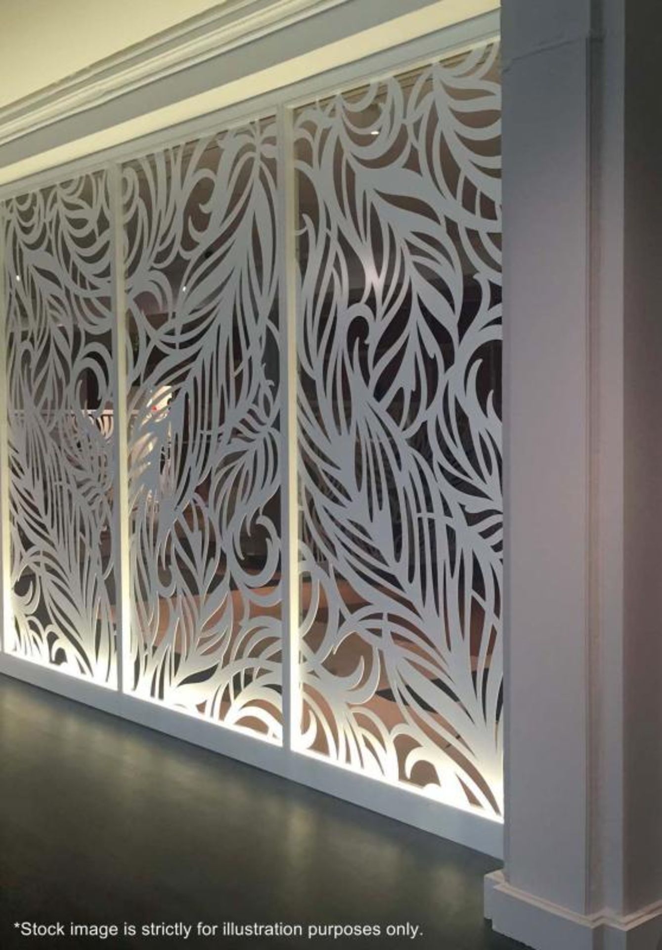 A Set Of 3 x Elegant 'Miles and Lincoln' Framed Laser Cut Metal Room Divider Panels In A Feather Des