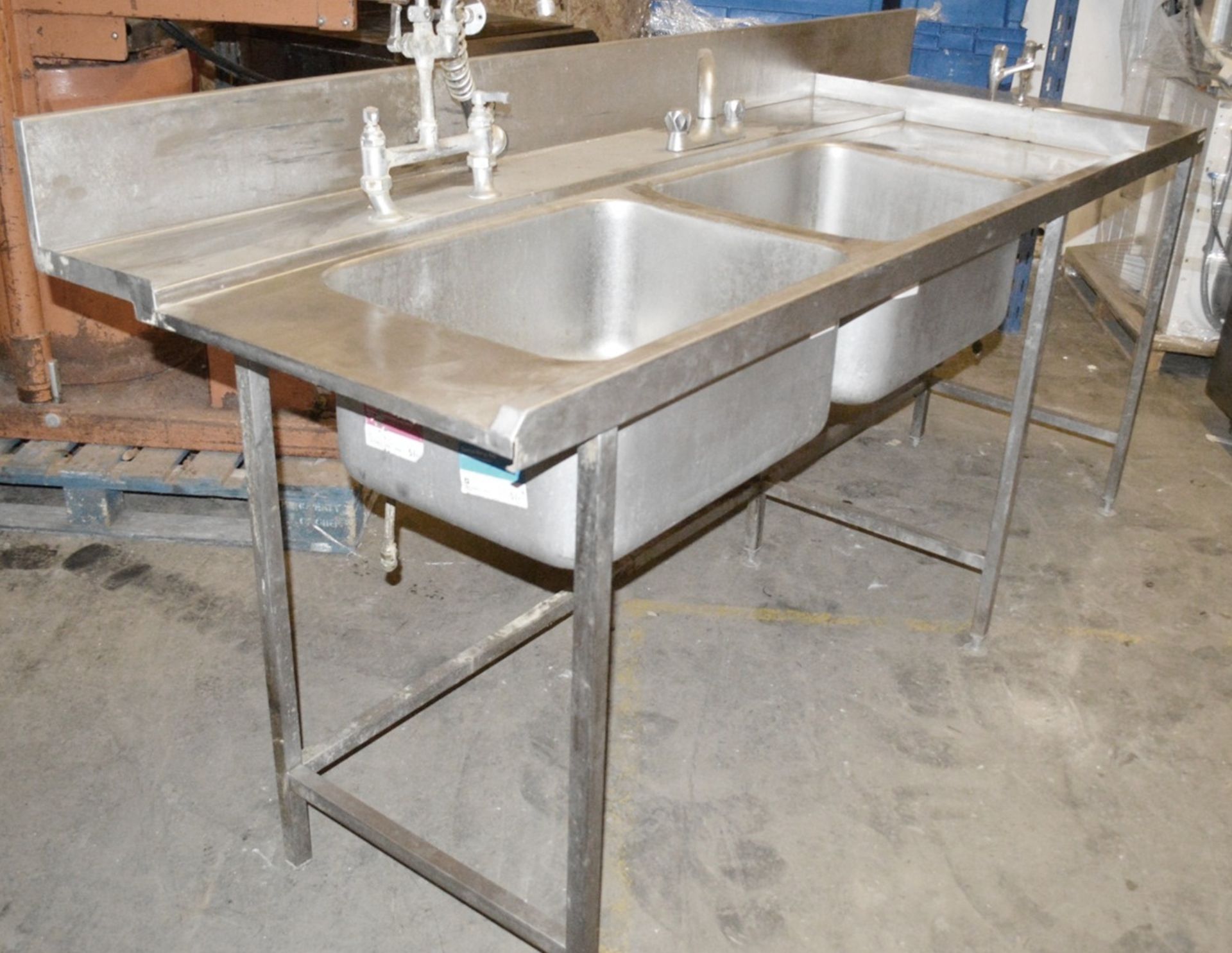 1 x Commercial Stainless Steel Double Bowl Wash Station Catering Sink With Spray Arm And Hand Basin - Image 3 of 10