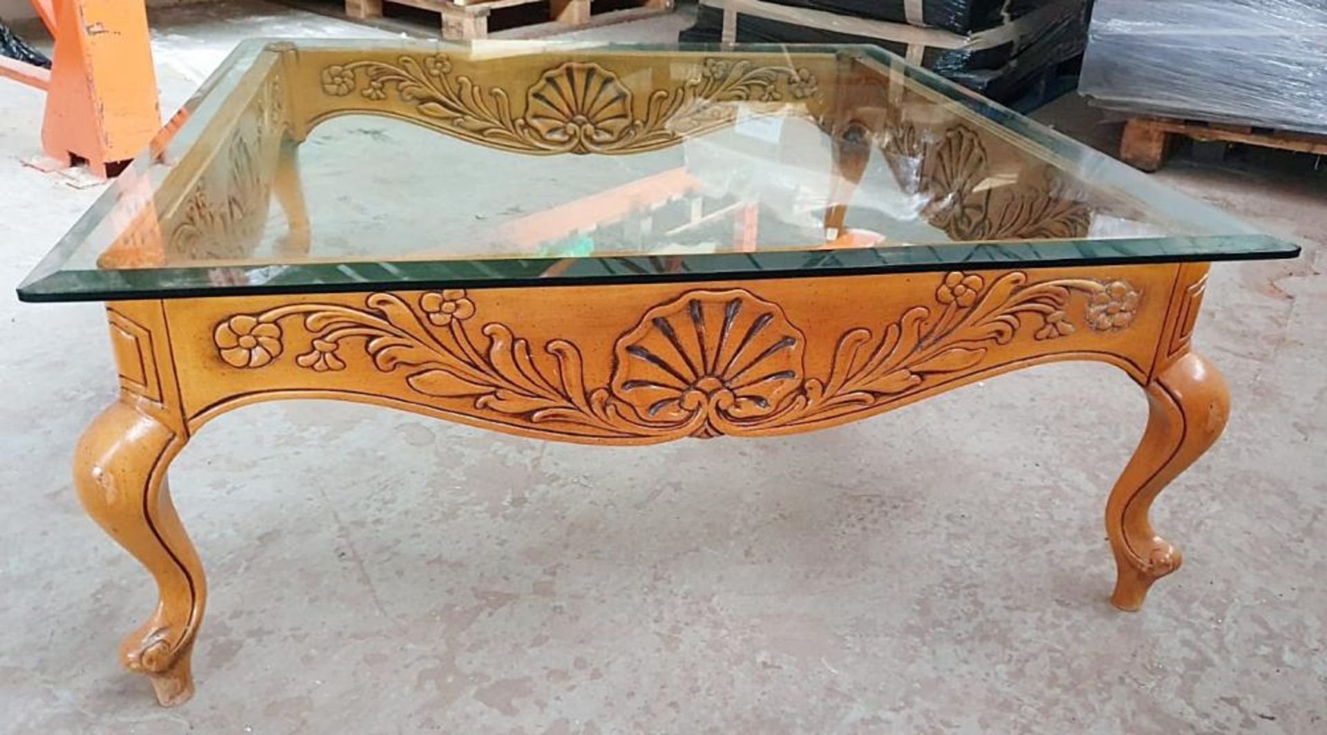 1 x Ornate Glass Topped Coffee Table Featuring Floral Motifs To The Sides - Dimensions: W105 x D105