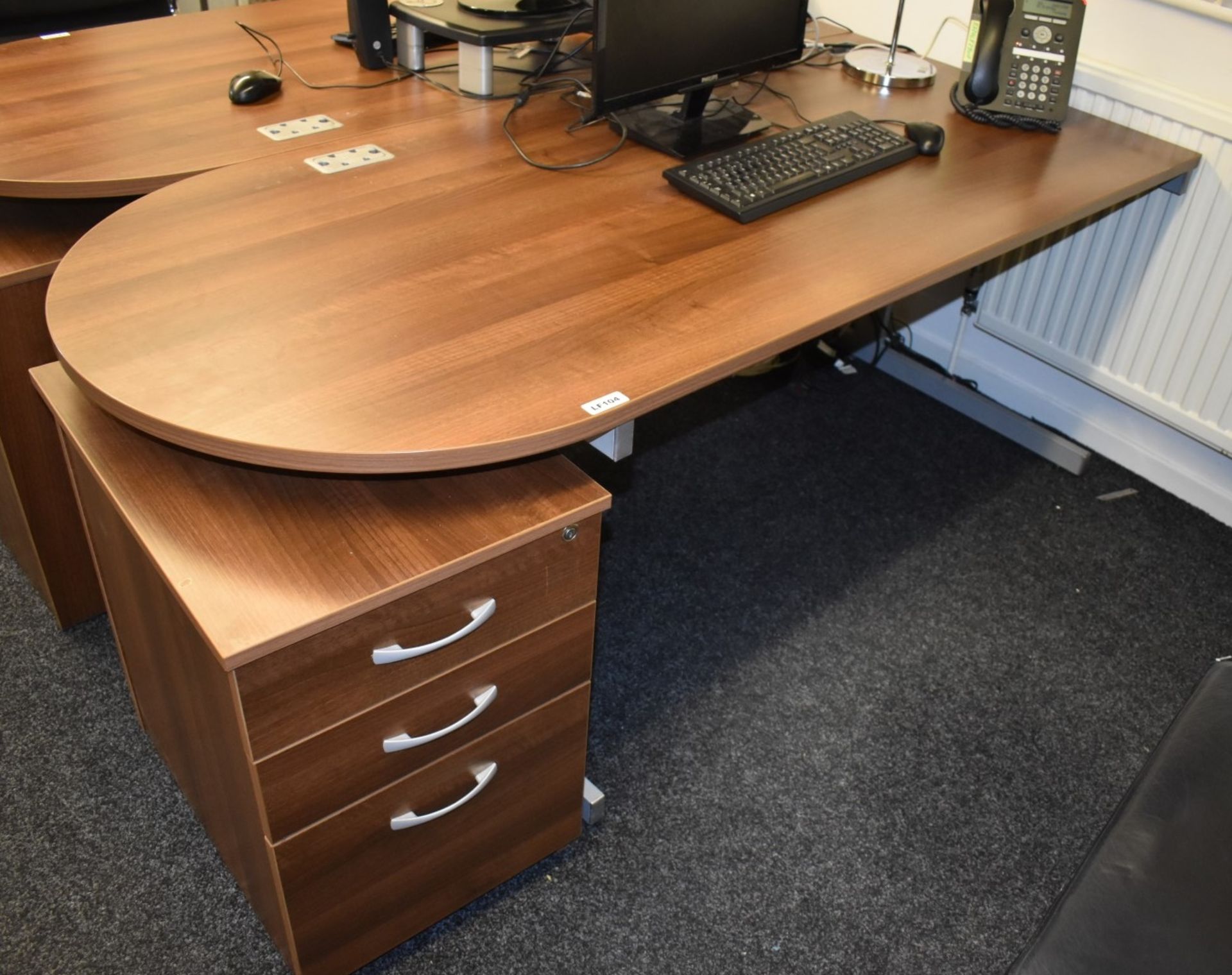 1 x Contemporary Office Desk - Features Semi Circle Meeting Point, Walnut Finish and Matching Drawer