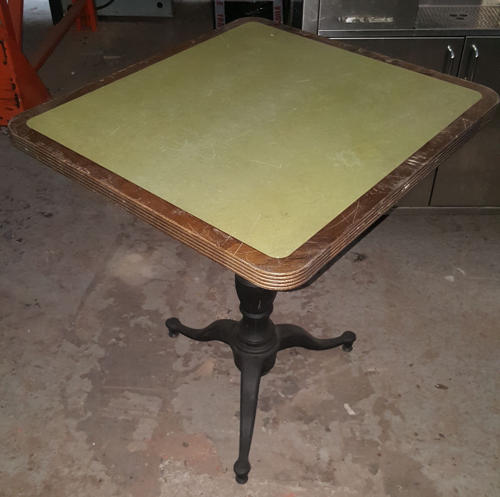 3 x Assorted Bistro Restaurant Tables With Green Faux Leather Inserts And Three-Legged Base - Image 6 of 9
