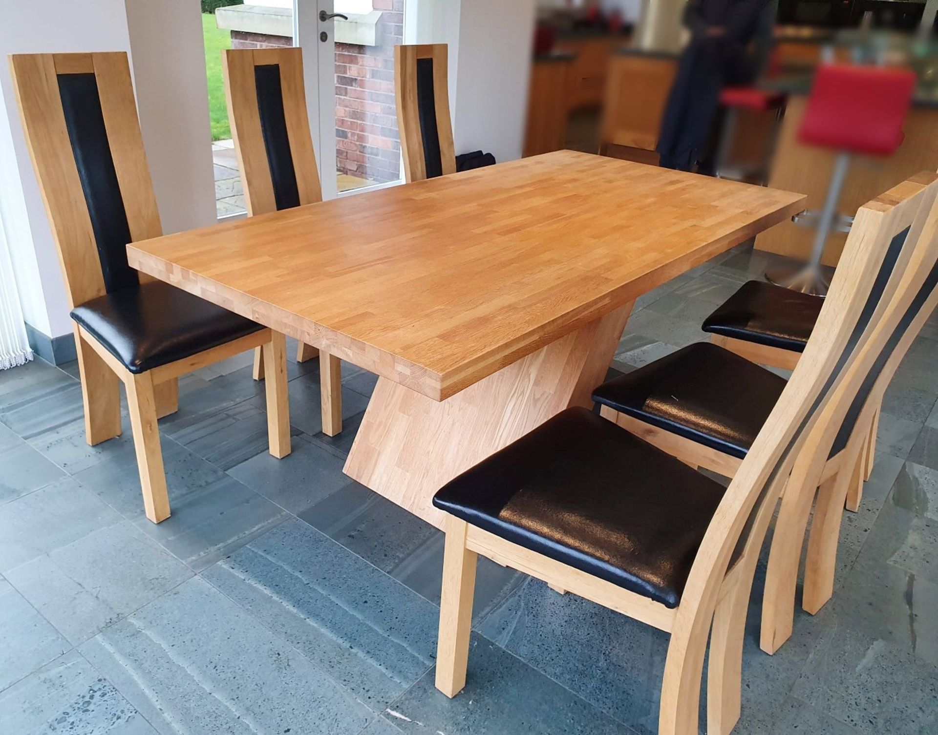 1 x Solid Oak 1.8 Metre Dining Table With 6 x High Back Dining Chairs - Pre-owned In Great Condition - Image 4 of 12