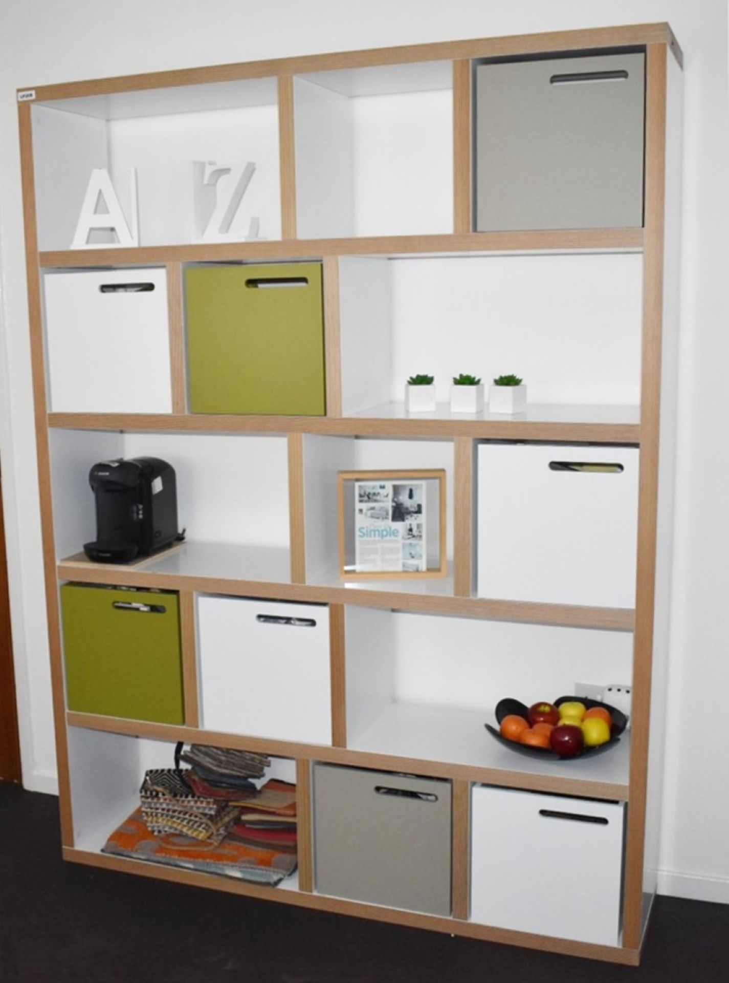 1 x Designer Cube Shelf Bookcase Unit in Gloss White With 8 x Storage Boxes