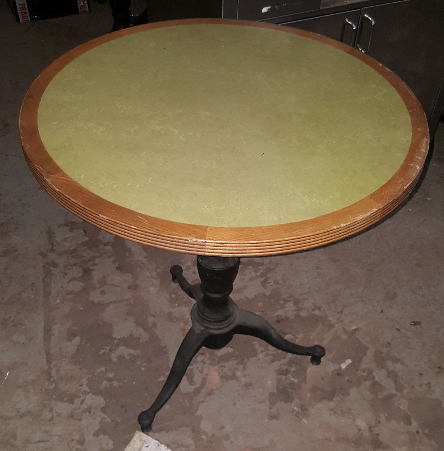 3 x Assorted Bistro Restaurant Tables With Green Faux Leather Inserts And Three-Legged Base - Image 5 of 9