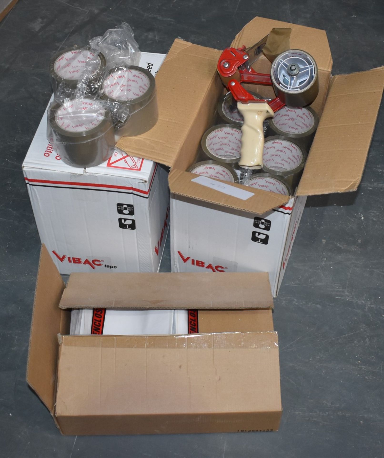 Assorted Collection of Packaging Equipment to Include Approx 48 x Rolls of Brown Packing Tape, Tap